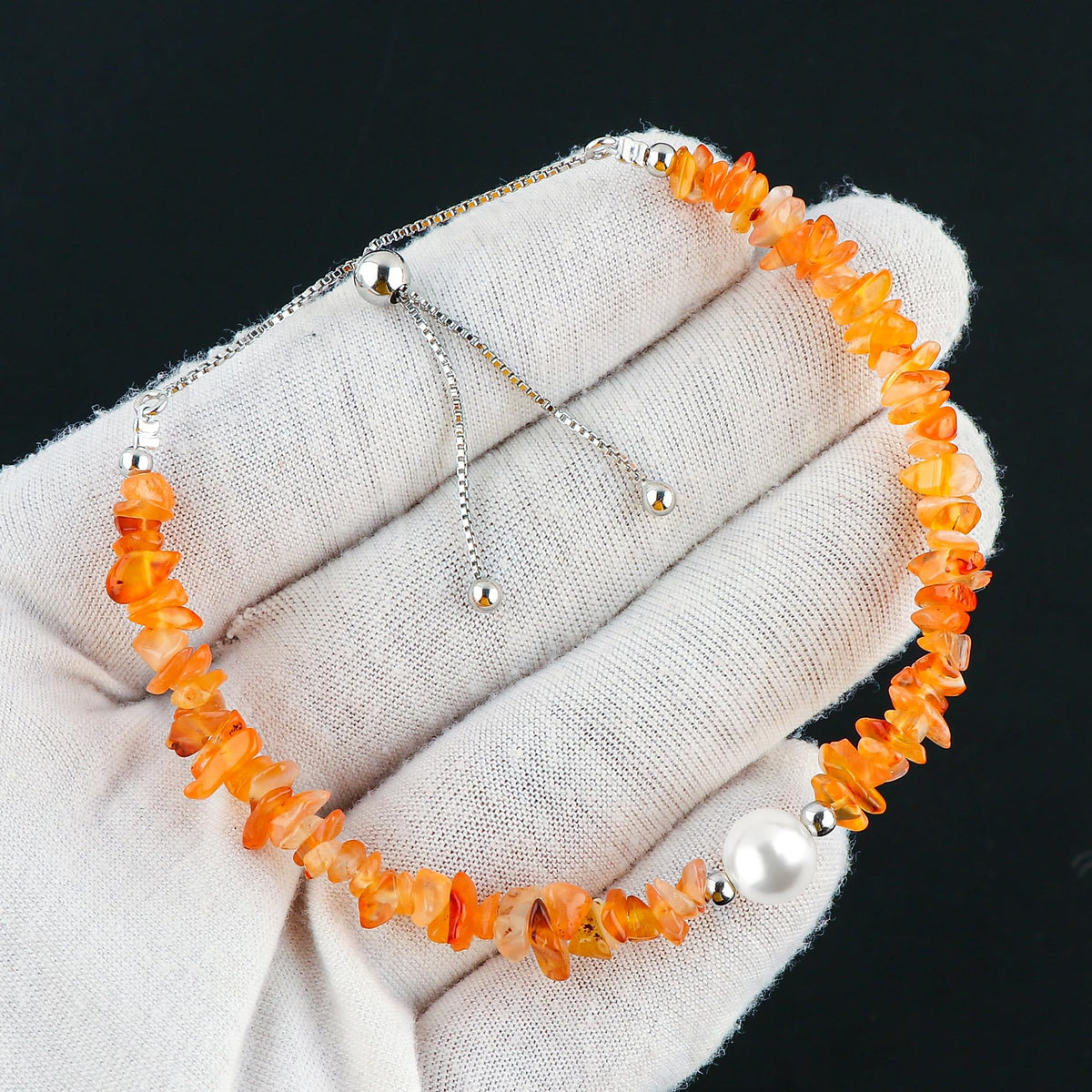 CRYSTALIS Natural Carnelian Beads Slider Bolo Bracelet with Elegant Pearl, Uncut Chips Nuggets Crystals, Chakra Healing Gemstone, Women Jewelry, 925 Sterling Silver Slider 10 inch