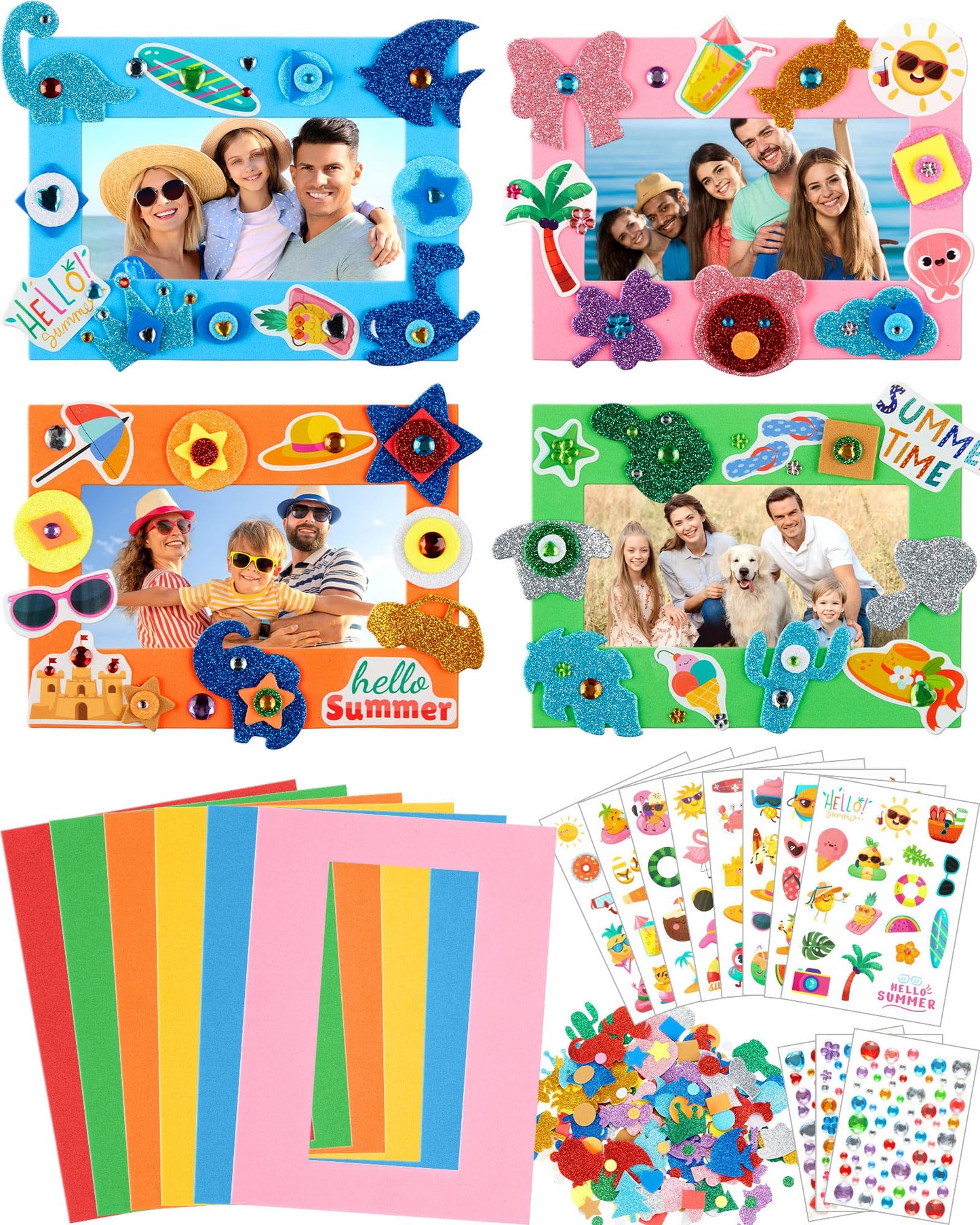 BreezeHug 48 Sets Summer Foam Picture Frame Crafts Kits Beach Pool Decorations DIY Craft Kits with Summer Hawaii Stickers for Party Holiday Exchange Gifts Art Project Supplies