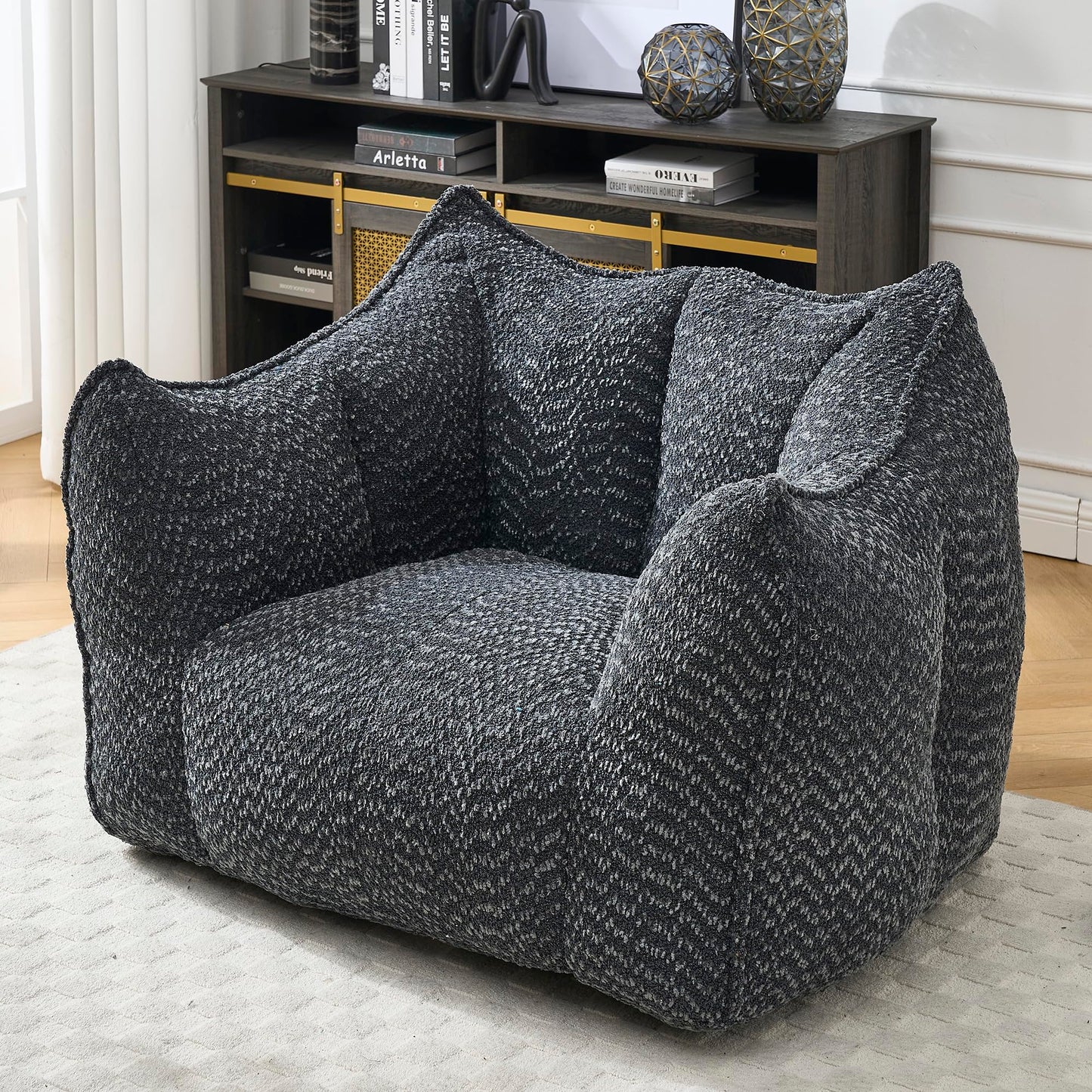 Large Chenille Bean Bag Chair for Adults - Oversized Square Lazy Sofa, Comfortable Gaming Reading TV Seat, 47.2" W x 36.2" D, Black, Living Room & Bedroom Essential