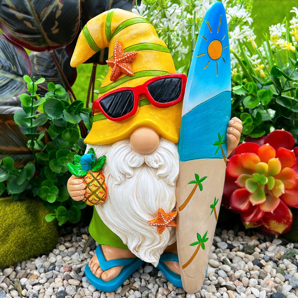 Mood Lab Garden Gnome - Surfer Gnome Figurine - 9.1 Inch Tall Funny Lawn Statue - for Outdoor & House Decor