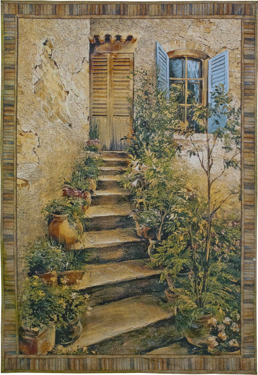 Tuscan Villa II by Roger Duvall | Woven Tapestry Wall Art Hanging | Rustic Italian Village Steps | 100% Cotton USA Size 53x75