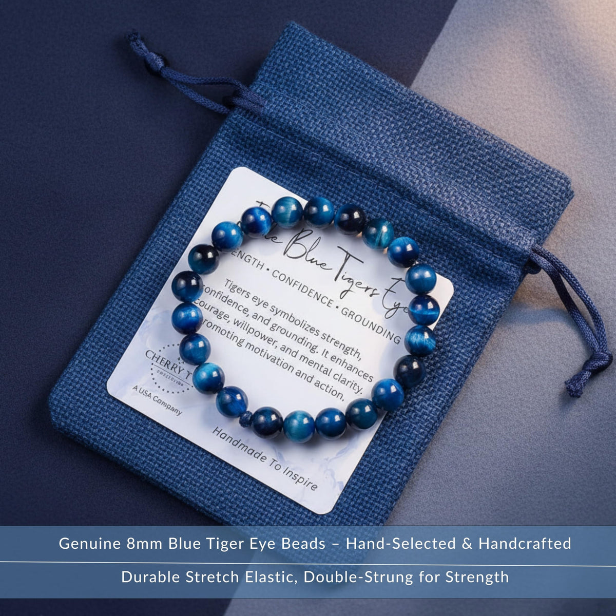 Cherry Tree Collection – Handmade Crystal Beaded Stretch Bracelets with Jade Blue Tiger's Eye for Women & Men - 8mm Round Gemstone for Protection, Balance & Luck, Small