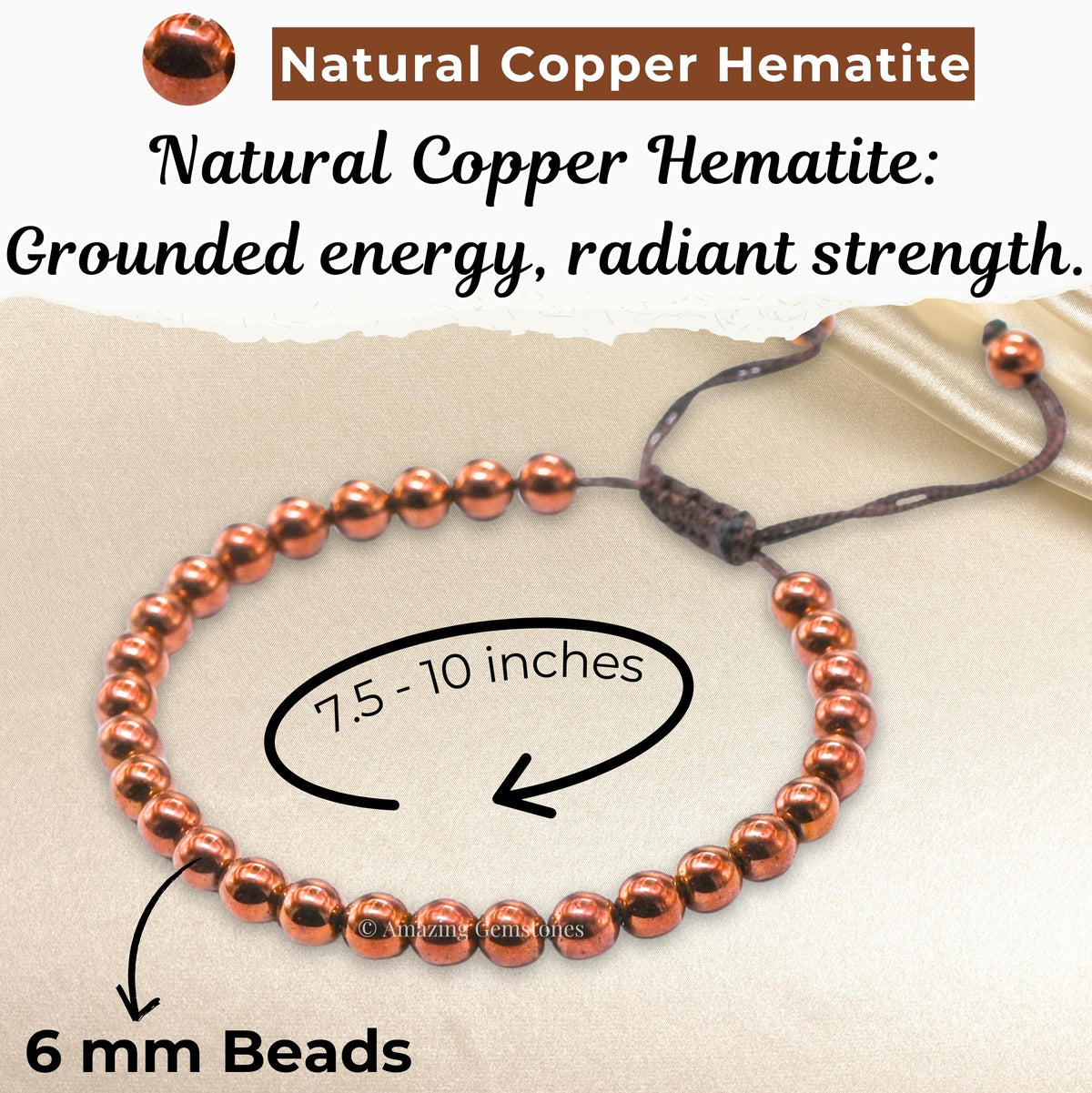 Copper Hematite Bracelet for Women Men's Gifts - Protection Healing Crystal Bracelet - 6mm Gemstone Beaded Adjustable Bracelet Pulseras Para Hombres Mujer Stocking Stuffers