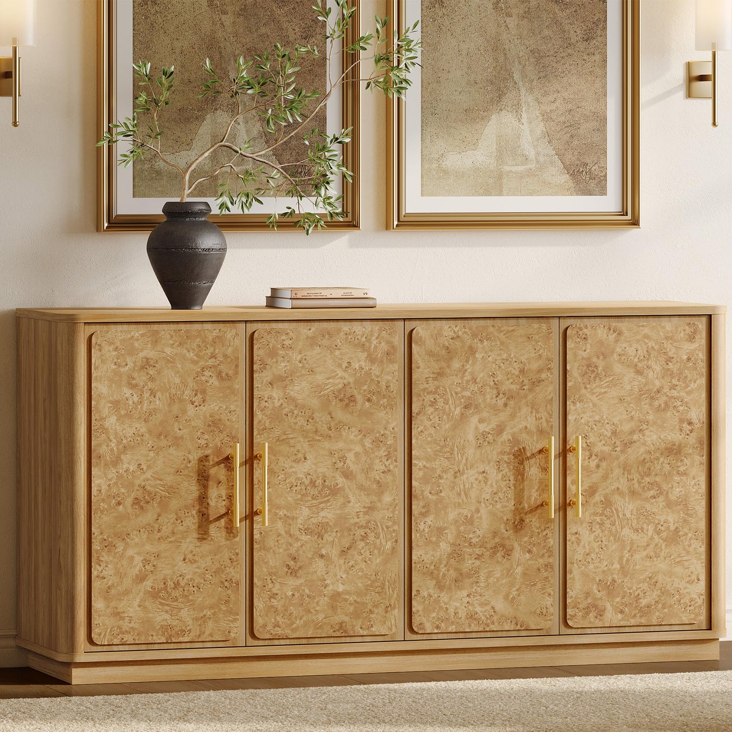 SICOTAS Buffet Cabinet with Storage - Burluxe 59" Sideboard Cabinet with 4 Doors Luxury Burl Storage Cabinet Accent Credenza Large Media Console Table for Living Room Dining Room Entryway Kitchen