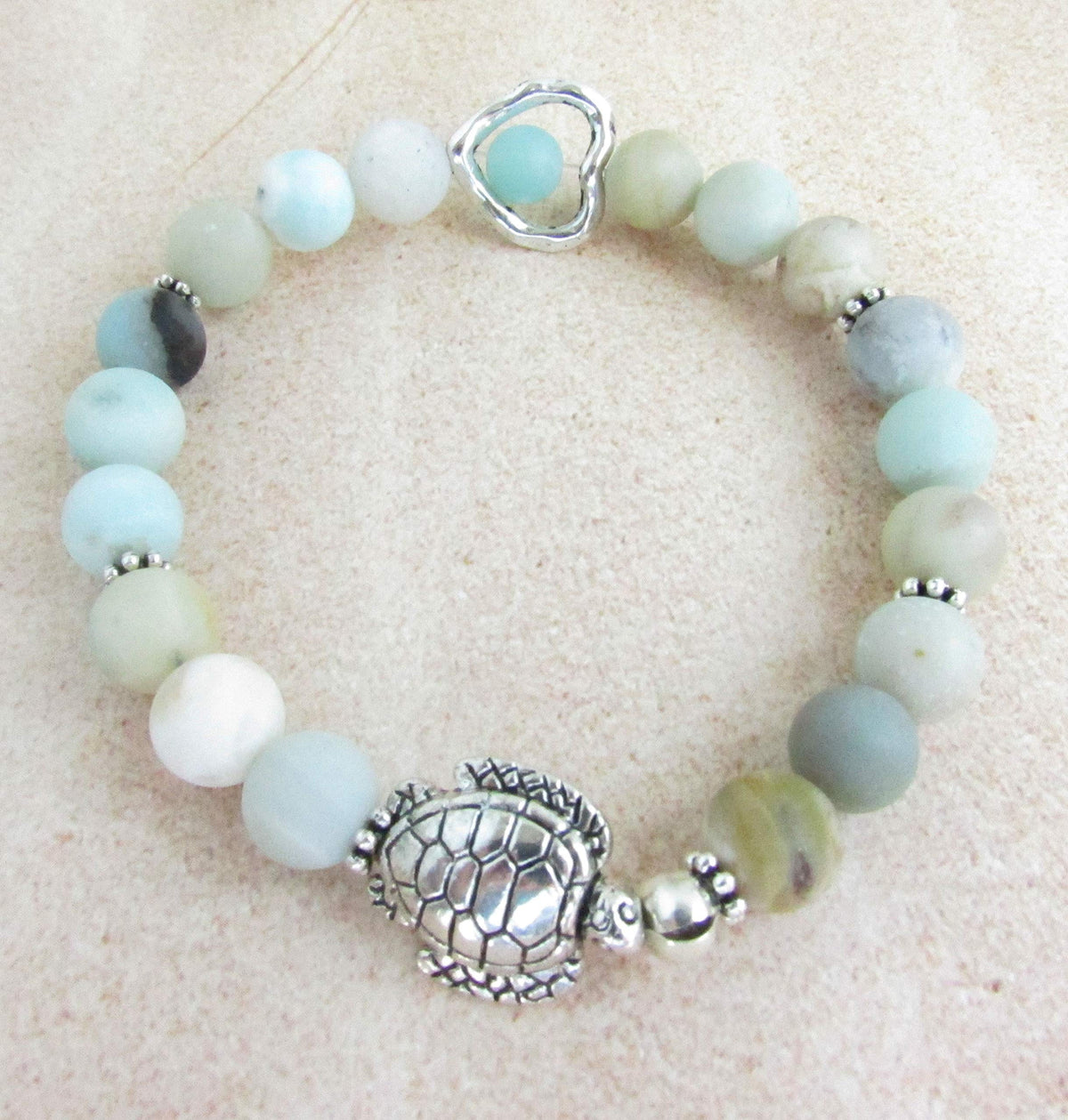 Sea Turtle and Heart Charm Bracelet with Amazonite Stones, Valentines Gifts for Women