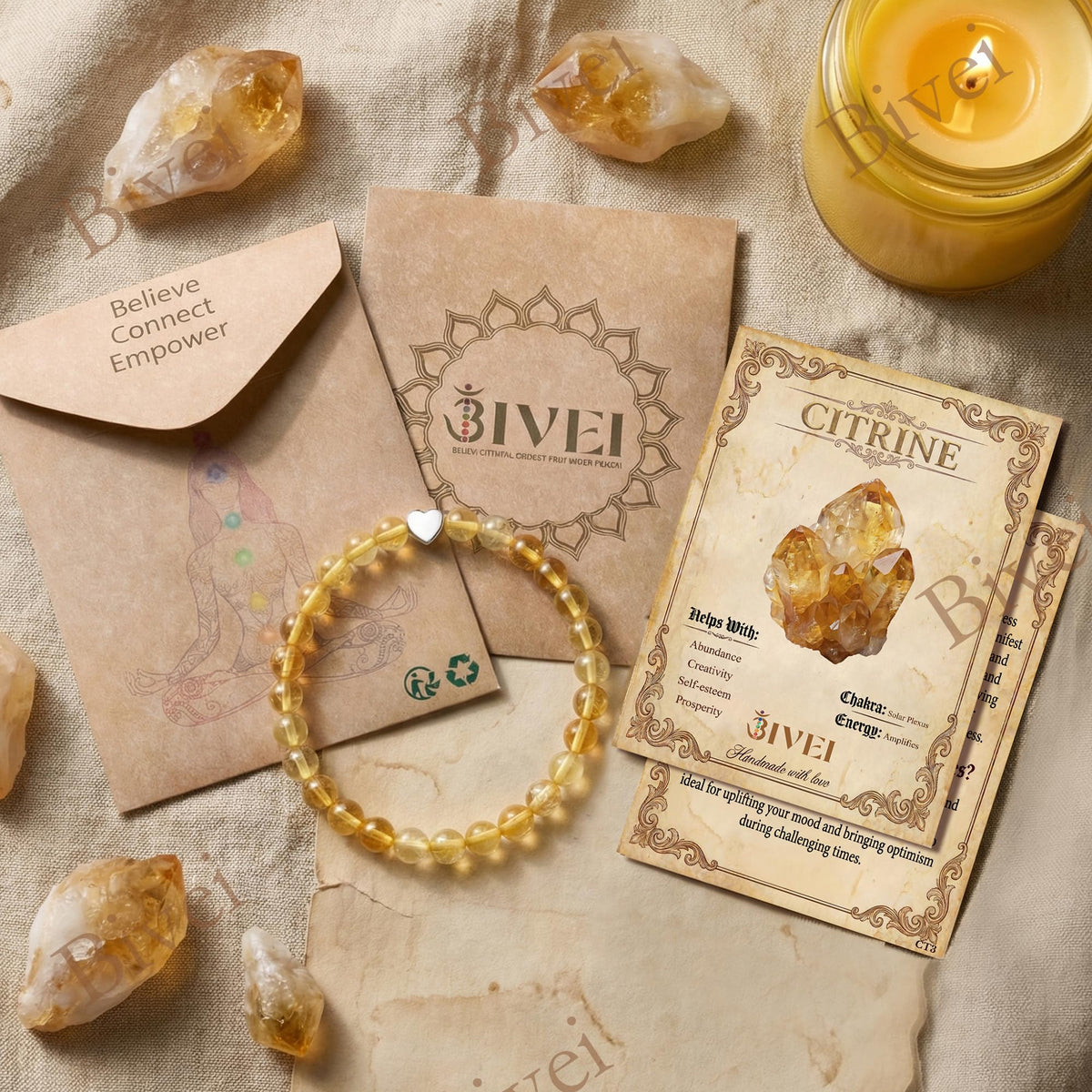 Bivei 6mm Citrine Crystal Stretch Bracelets for Women, Handmade Natural Stone Beaded Bracelet, Yoga Protection Jewelry Gift