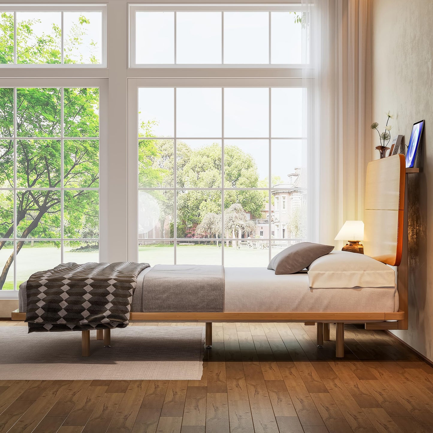 KEIKI Full Size Bamboo Platform Bed with Headboard and USB Ports, Mid-Century Modern Floating Bed Frame with Solid Support Slats, No Box Spring Needed, Easy Assembly, Noise Free, for Bedroom, Natural