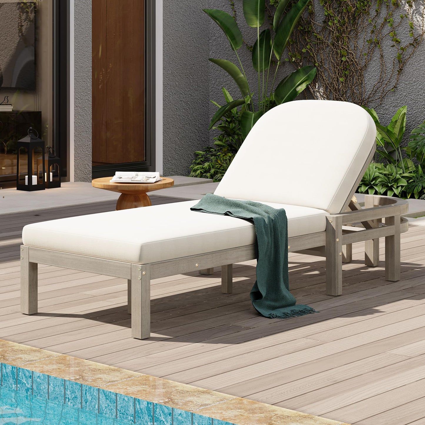 Merax Outdoor Chaise Lounge,Premium Acacia Wood Patio Recliner with Arched Backrest,5-Position Adjustable Backrest,Thick Cushion,Outdoor Lounge Chair for Poolside,Backyard,Deck & Lawn,Gray