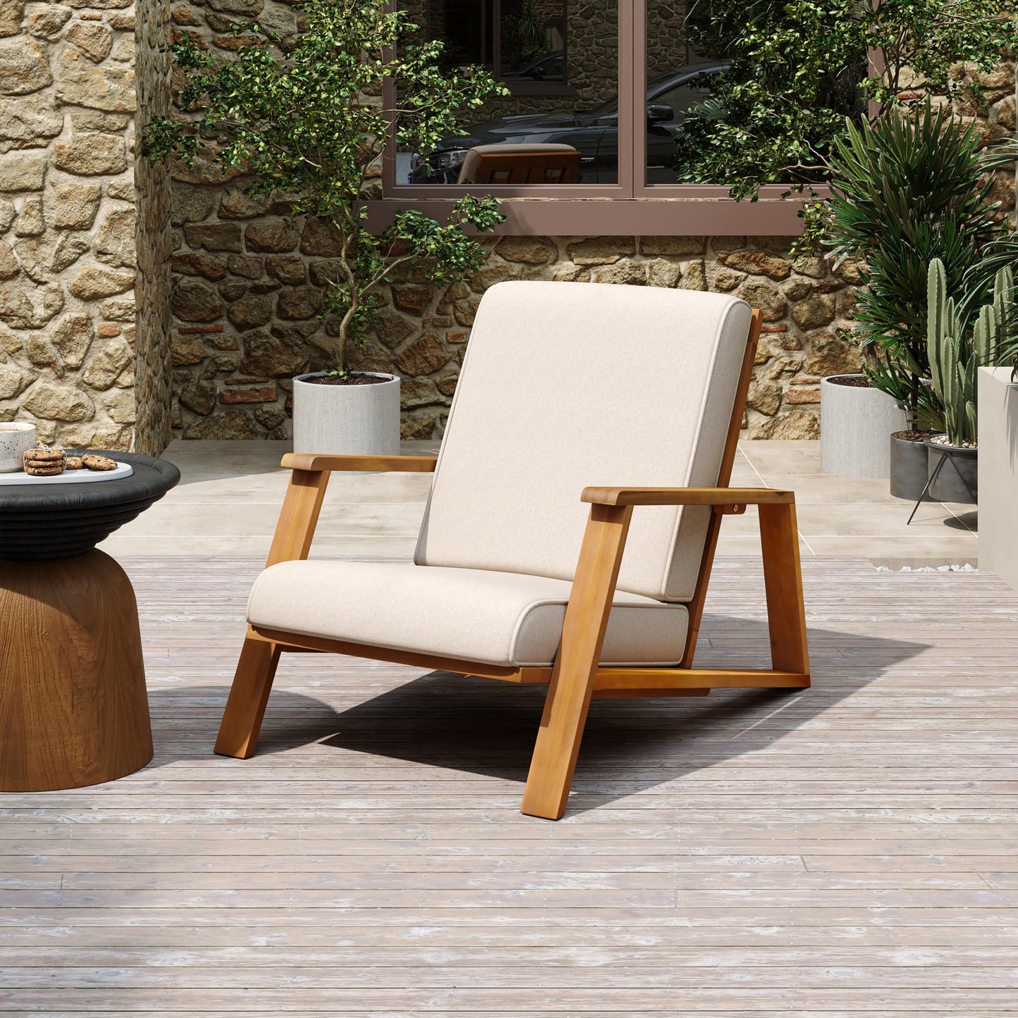 Christopher Knight Home Smeb Lounge Chair Outdoor with Cushions, Acacia Wood Adirondack Chair, Slatted Design Side Chair, Extra Seating for Balcony Backyard Poolside Garden, Teak + Beige