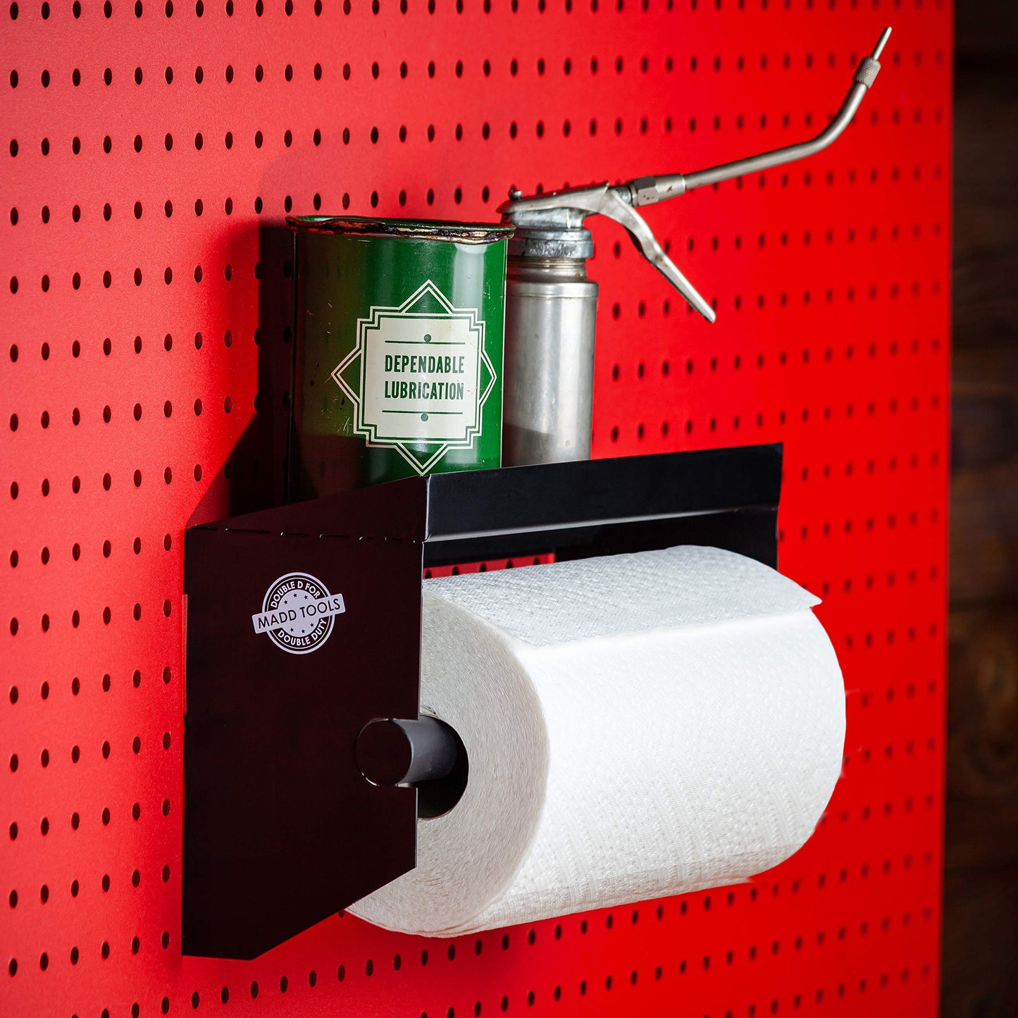 Pegboard Paper Towel Holder with Shelf, Peg Board Accessory Kit with Heavy Duty Peg Hooks, Black Pegboard Accessories Tool Holder Organizer