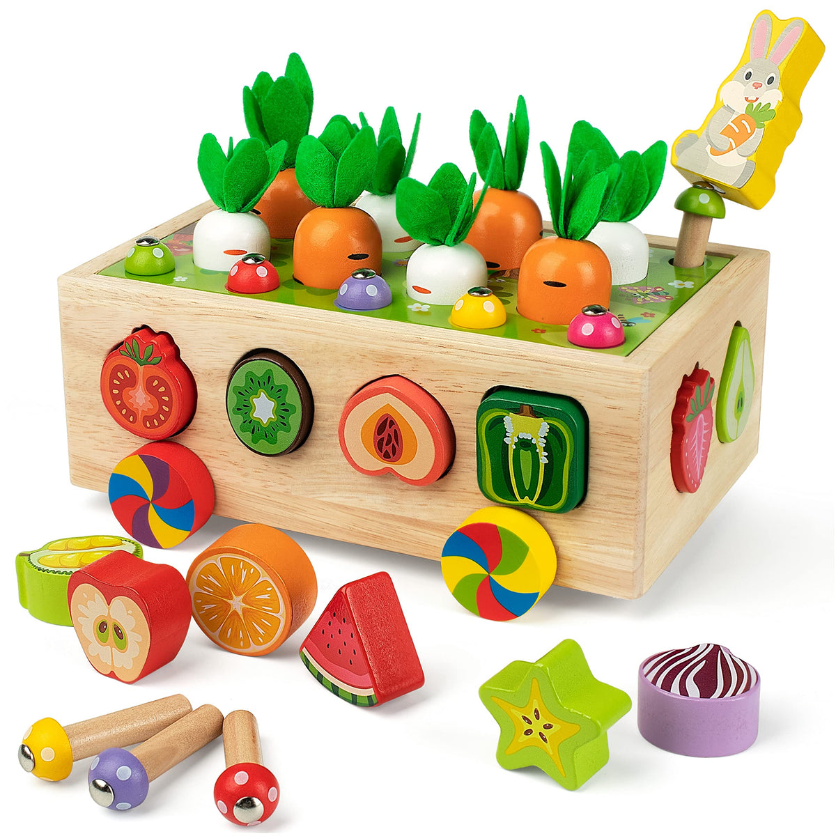 Coogam Montessori Fine Motor Toys for Baby Toddler, Wooden Shape Sorter Carrot Harvest Game for Easter Basket Stuffer, Preschool Learning Educational Gift Toy for 3 4 5 Year Old