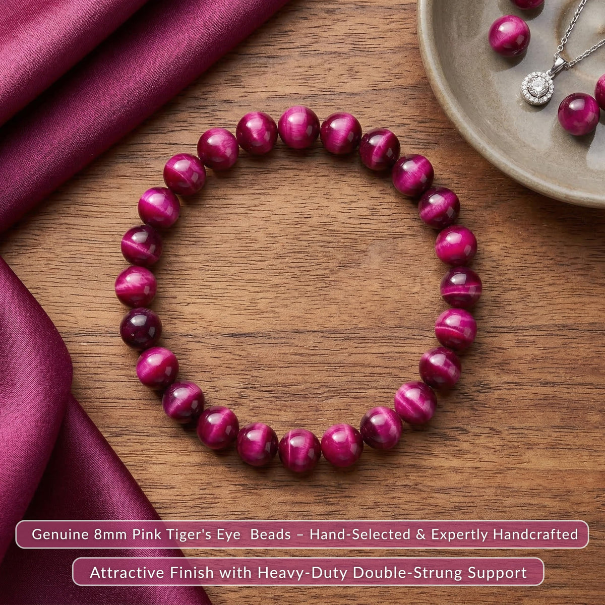 Cherry Tree Collection Pink Tiger's Eye Beaded Bracelet – Genuine 8mm Gemstone Stretch Bracelet for Men & Women – Handmade Crystal Bracelet - (Pink Tiger's Eye - M)
