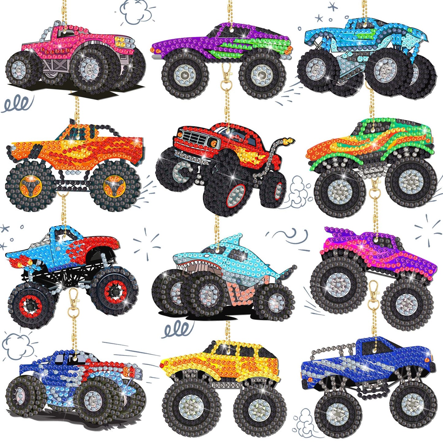 Thinkday 12 Pcs Trucks Diamond Art Kits for Kids Painting Keychainsdiy 5d Acrylic Truck Diamond Art Key Chains for Adults Vehicle Rhinestone Hanging Pendants for Beginners Bags