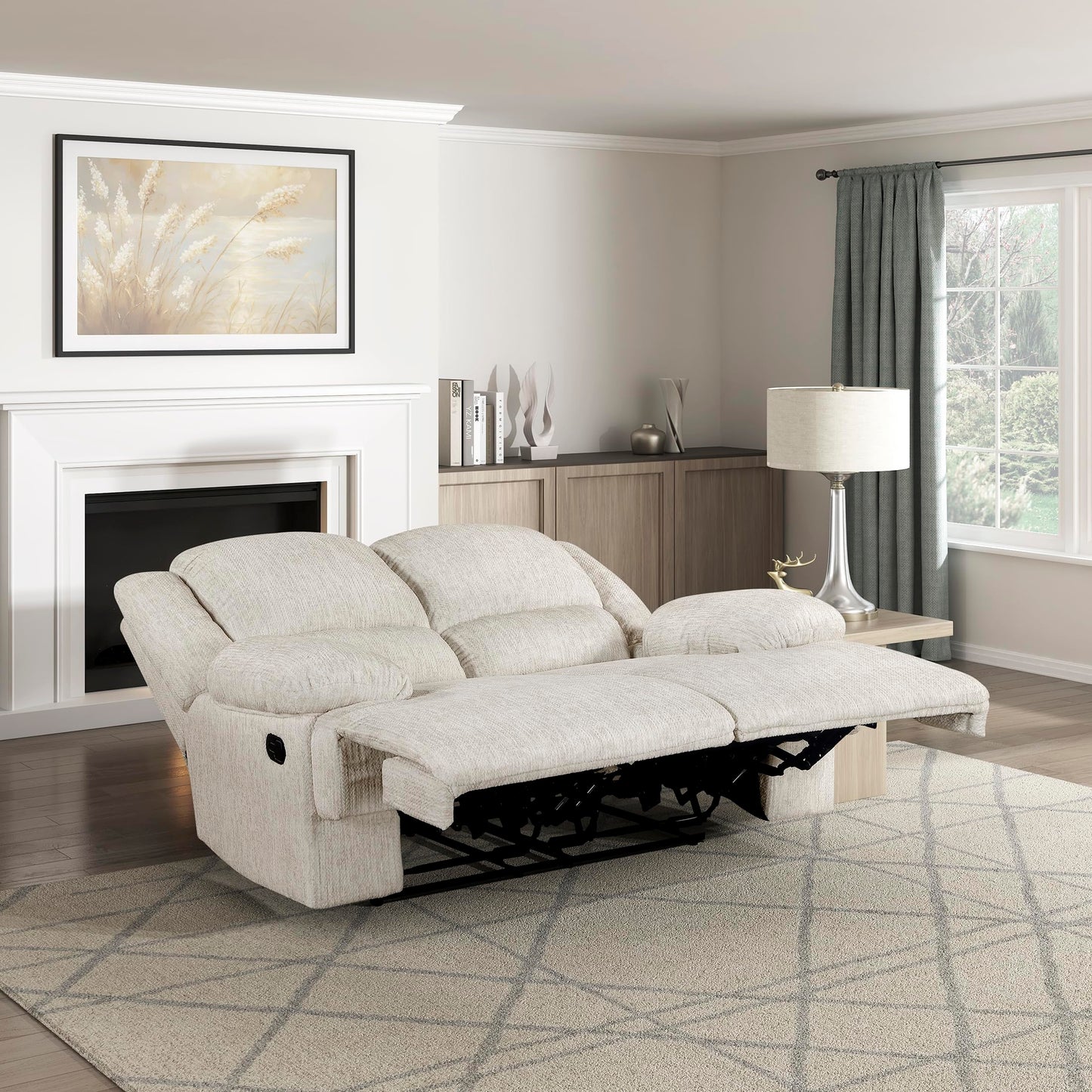 Lexicon Manual Double Reclining Loveseat, Textured Microfiber Wall Hugger Recliner Loveseat, Pillow Top Arms, 2 Seater Couch for Living Room/Theater Seating/Apartment, Easy Assembly, Vanilla Beige