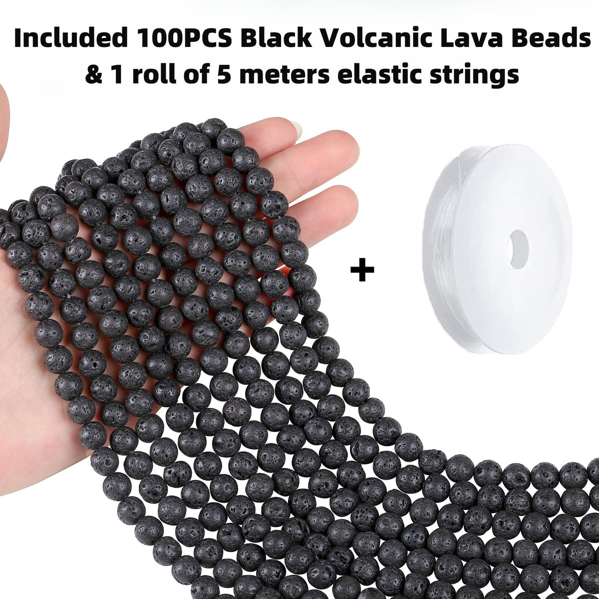 QINJIEJIE 100PCS Black Volcanic Lava Beads 8mm Natural Stone Beads Round Loose Gemstone Bead for Bracelet Beading Crystal Jewelry Making DIY Necklace Earrings 0.32"