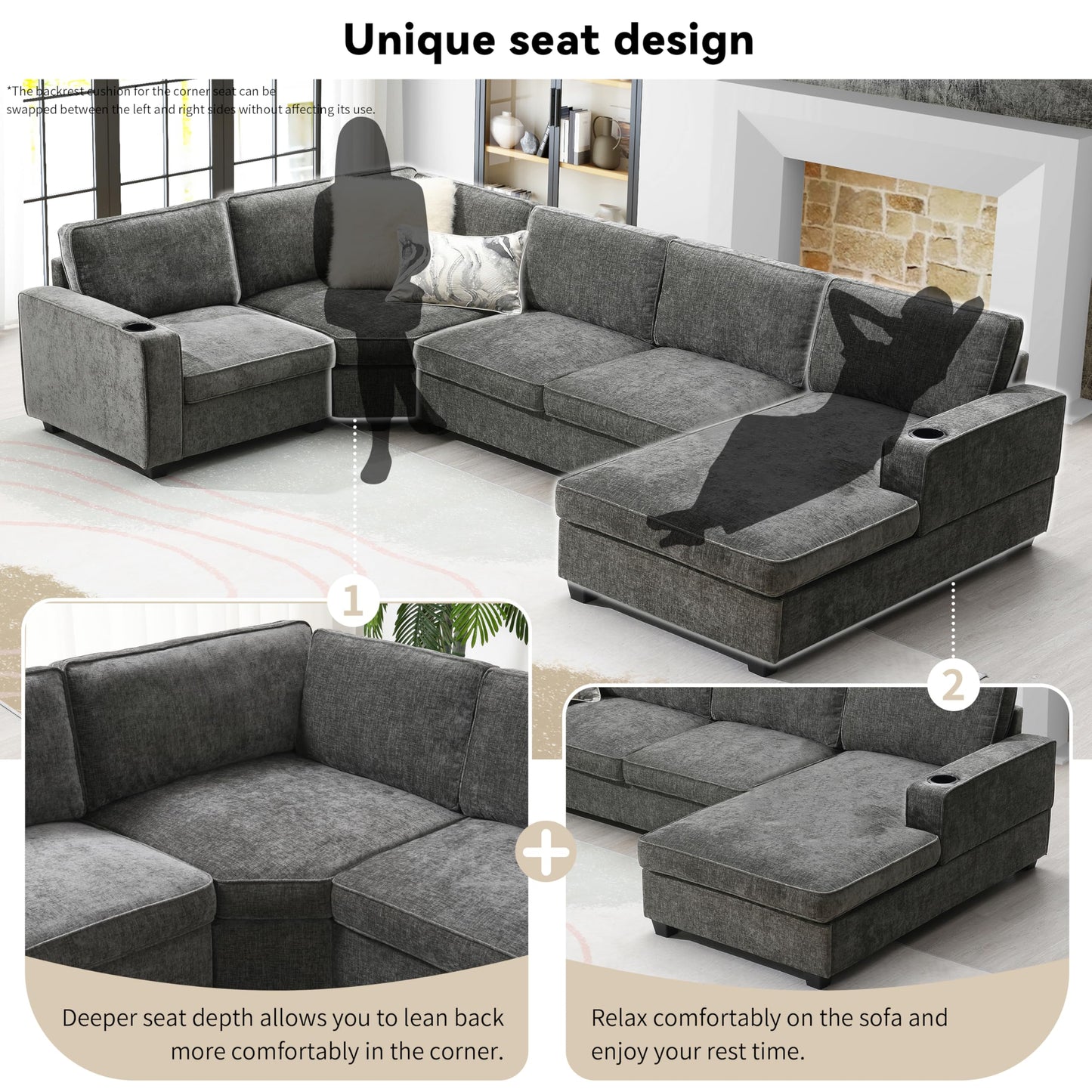 Merax Modern U-Shaped Cloud Couch Set with Oversized Chaise Lounge, Chenille 6-Seat Sectional Sofa Sleeper Bed with Cup Holders for Living Room Dark Gray