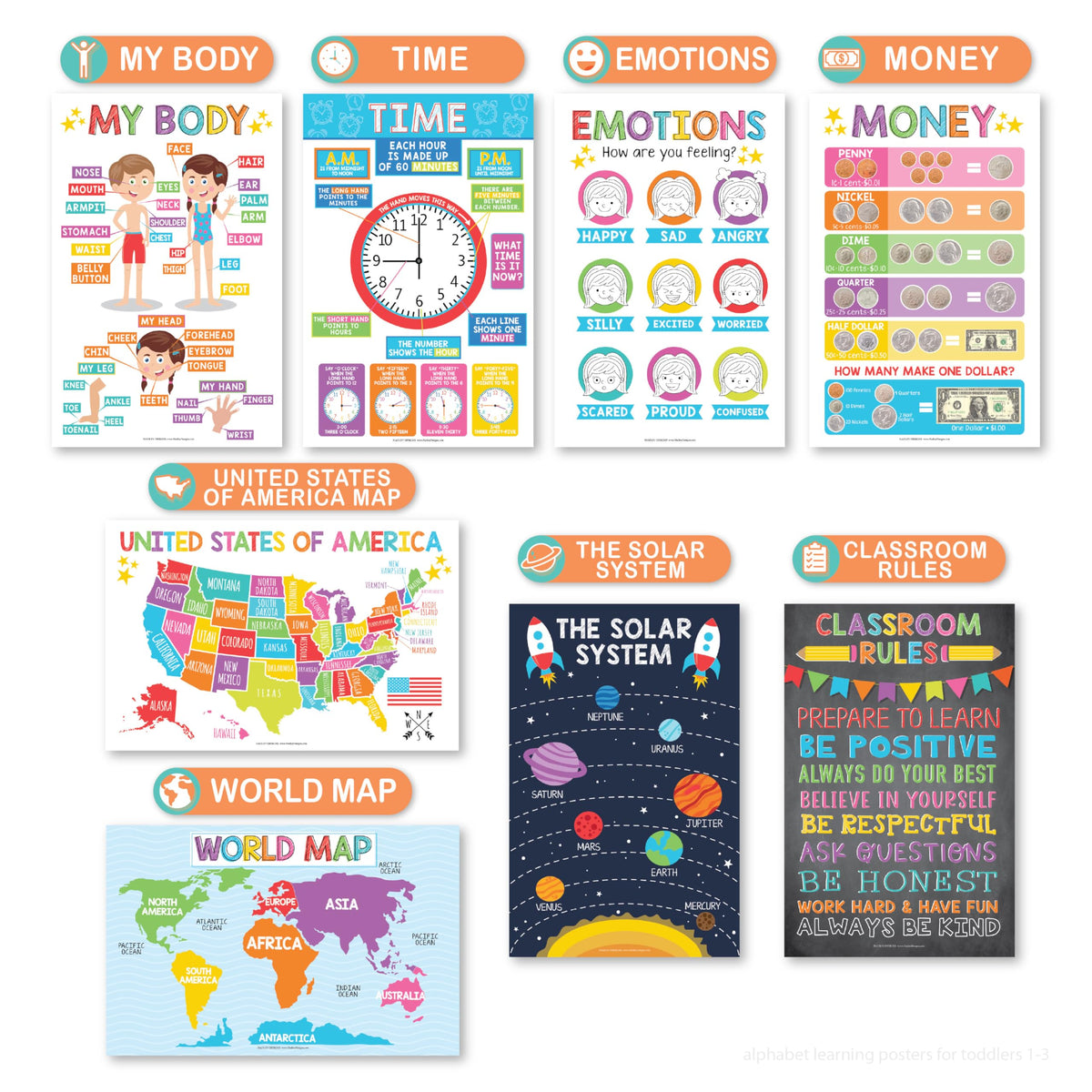 Hadley Designs 16 Educational Posters for Classroom Must Haves - Laminated Pre-K Posters for Toddler Homeschool Essentials, Toddler & Preschool Learning Activities, Kindergarten Classroom Decor