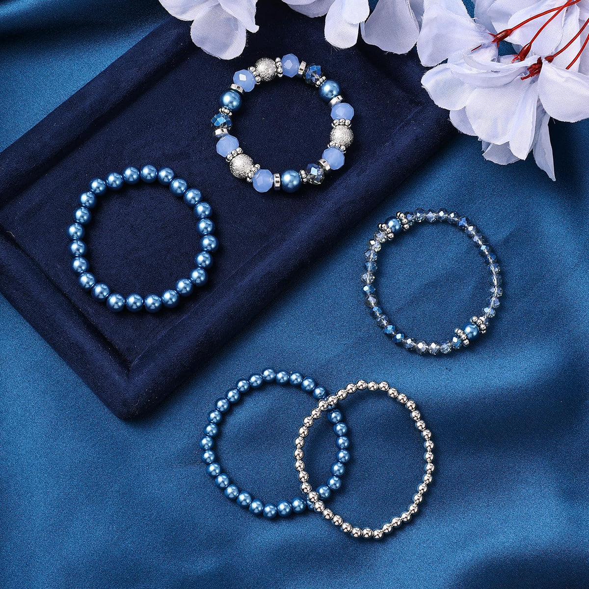 DIVINA VITAE 5 Pcs Beaded Stretch Bracelets Blue Stackable Bracelets Crystal Bead Bracelet Boho Beaded Bracelets Stretch Layering Crystal Stone Beaded Bracelets Trendy Costume Jewelry Gifts for Women
