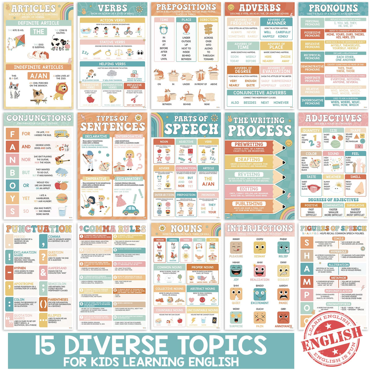 15 Pcs Boho Groovy Parts Of Speech Posters For Classroom, Back To School English Grammar Chart, ELA Middle School Wall Art, Laminated Educational - Nouns, Pronouns, Writing Process, Type of Sentences