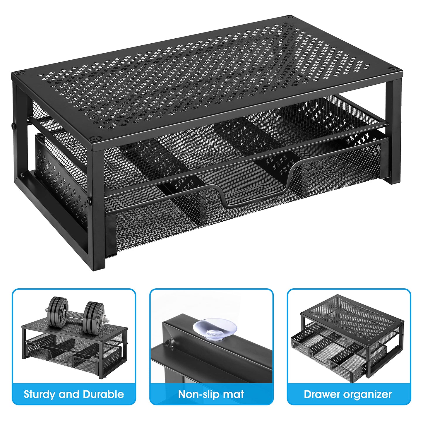 Simple Trending Metal Monitor Stand Riser and Computer Desk Organizer with Drawer for Laptop, Computer, iMac, Black