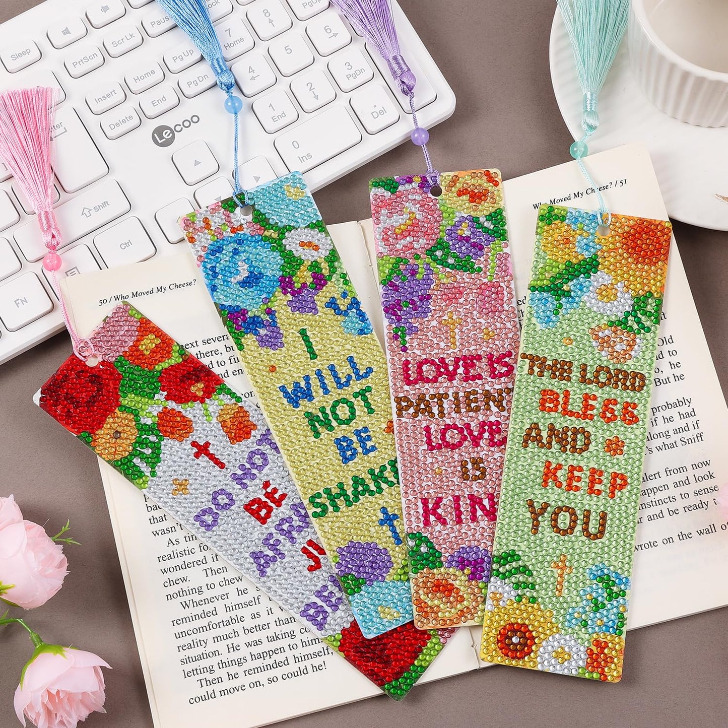 4 Pcs Flower Diamond Painting Bookmark for Books, Journals, Planners｜DIY Diamond Art Kits for Reading Women & Men｜Beautiful Book Marks Gifts for Book Lovers｜Reading Accessories for Adults & Kids