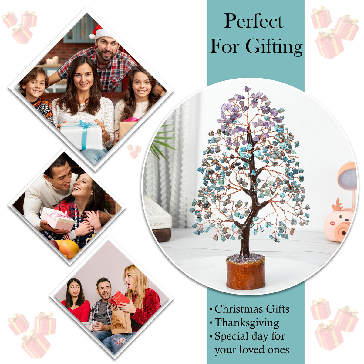 Crocon® Amethyst & Turquoise Gemstone Tree, Crystal Tree of Life, Feng Shui Bonsai, Money Tree, Healing Tree Home Decoration, Good Luck Figurine, Gem Tree for Positive Energy, Chakra Tree of Life Gift