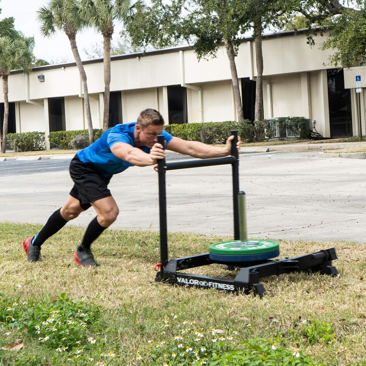 Valor Fitness Weighted Wheelbarrow Sled with Harness – Push, Pull, or Drag – Power Training Sled for Strength and Conditioning – 300 lb Capacity – Olympic Plate Storage – Home Gym Equipment