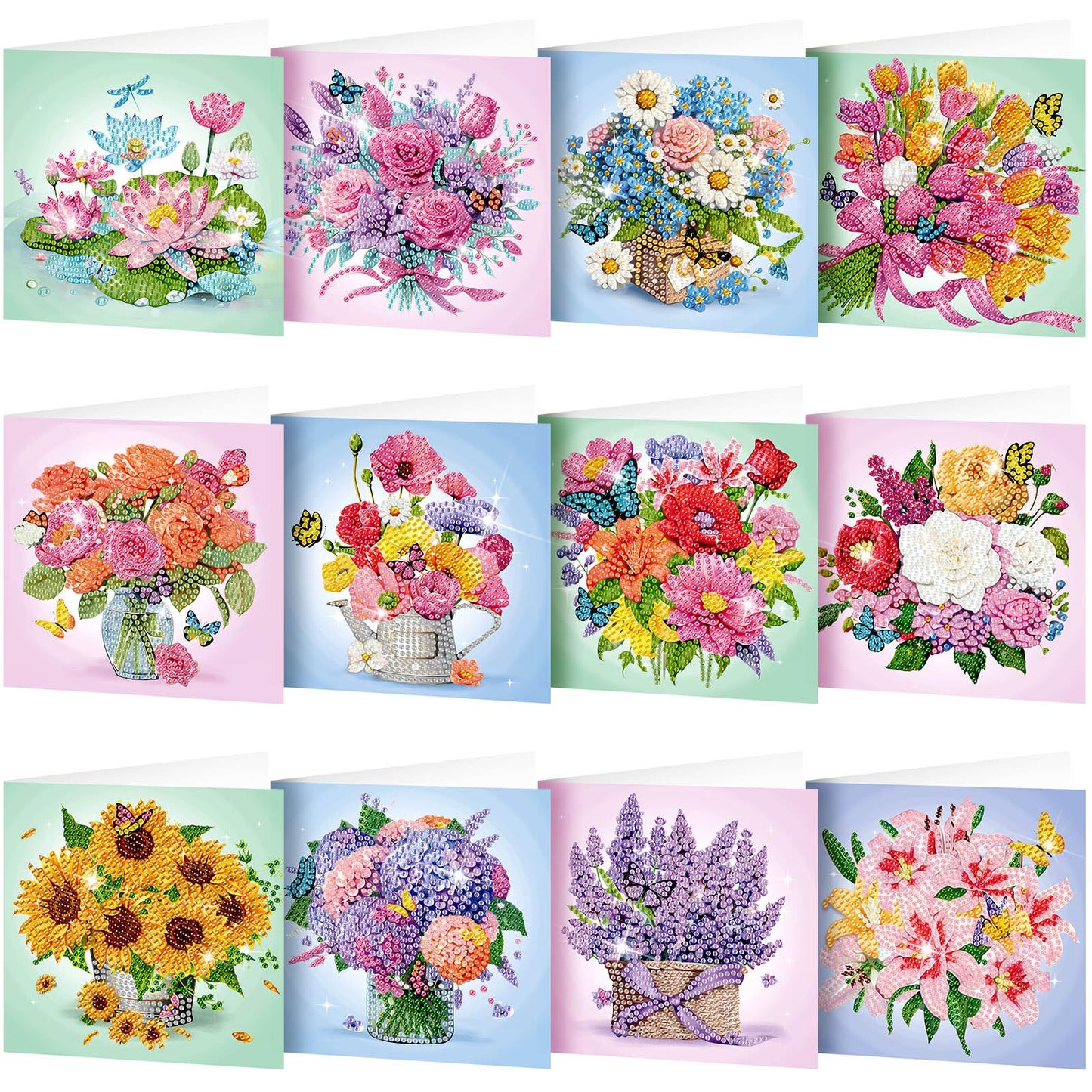Saillong 12 Pack Flower Diamond Painting Greeting Card Kits DIY Pastel Floral Diamond Art Cards with Envelopes Flower 5D Rhinestones Paint Card for Adults DIY Craft Family Friend Birthday Gifts