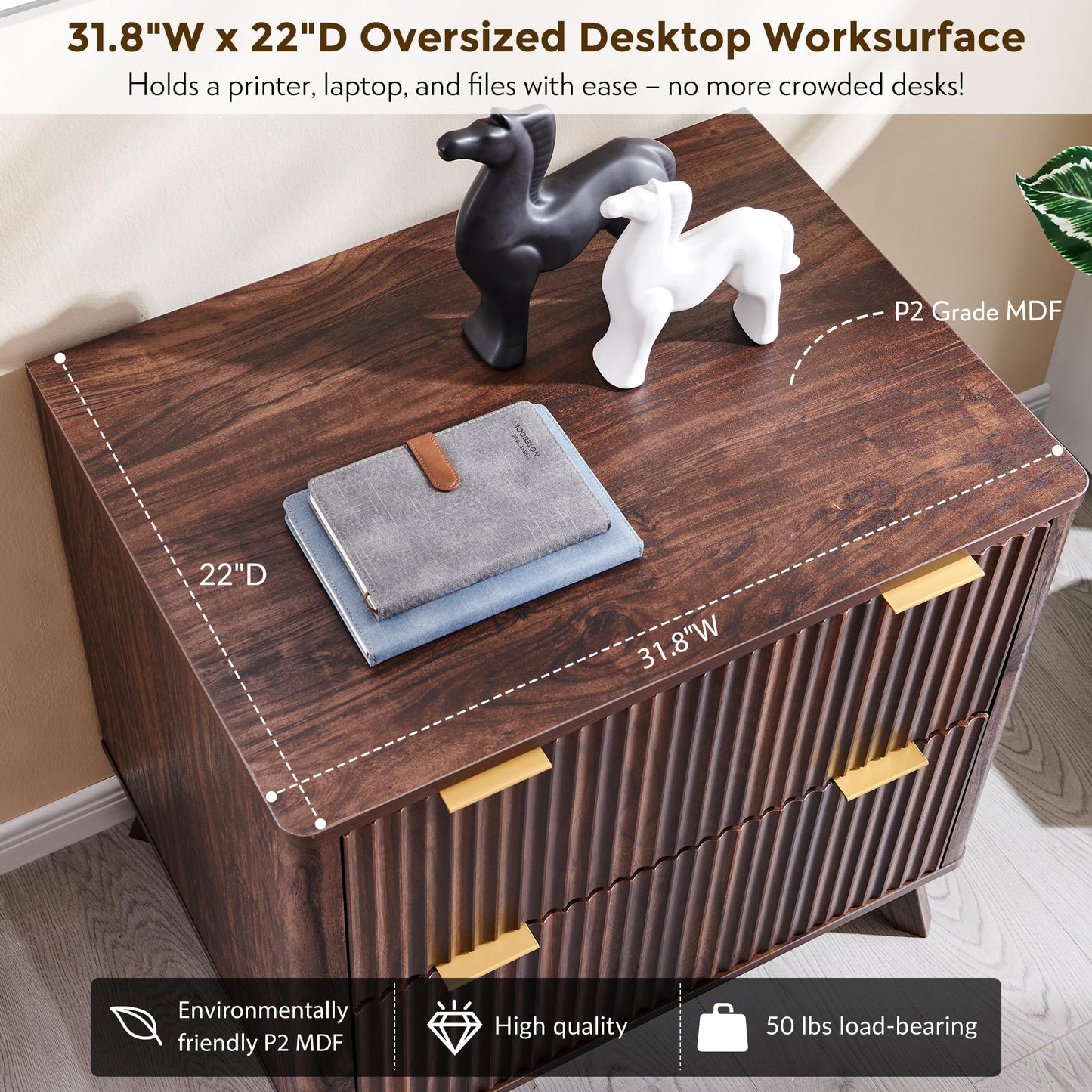 T4TREAM 2 Drawer File Cabinet, 32" Fluted Lateral File Cabinet w/Files Hanging Rod for Letter/Legal/A4, Large Tabletop for Printer, Office Wood Printer Cabinets, Dark Walnut (Gen 2)