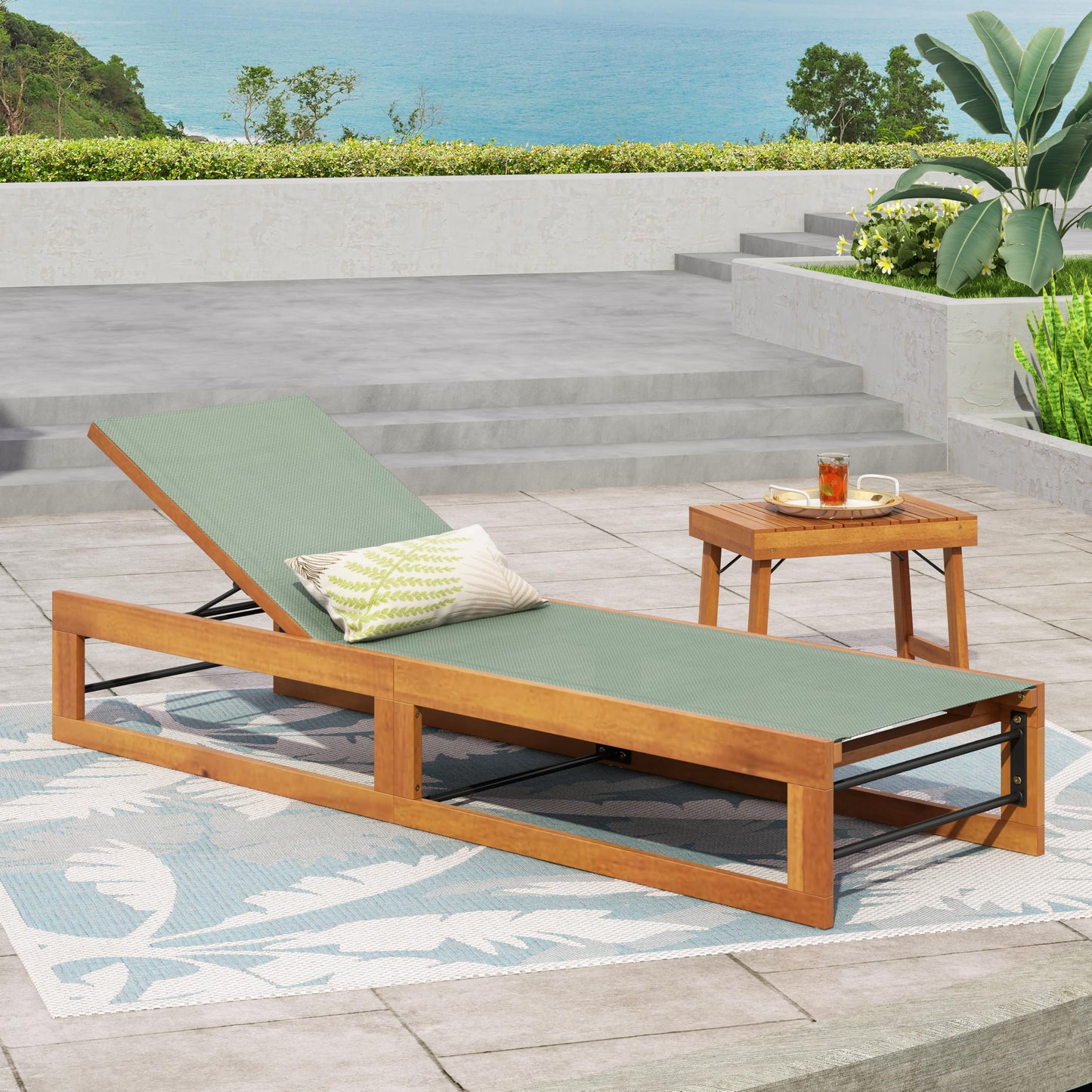 Christopher Knight Home Tristz Patio Chaise Lounge Chair Outdoor, Acacia Wood Sunbathing Pool Lounger with Breathable Mesh Seat, Adjustable Backrest Reclining Chair, Single Lounger, Teak+Mint Green