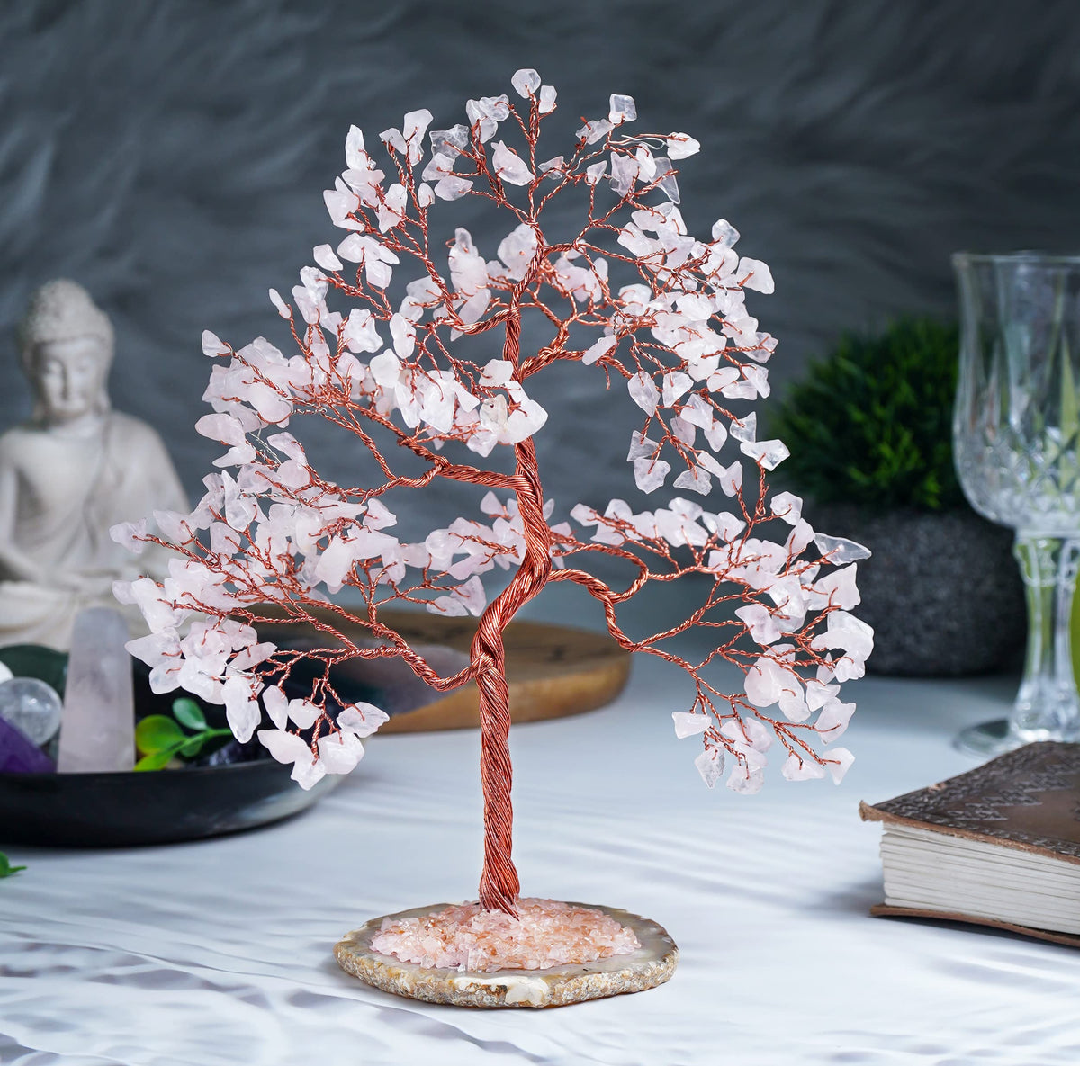 Rose Quartz Gemstone Tree of Life - Geode Agate Slice Base, Handmade Crystal Tree, Pink Healing Stone for Heart Chakra Unconditional Love - Relationships, Attract Good Luck, Self-Love, Gift