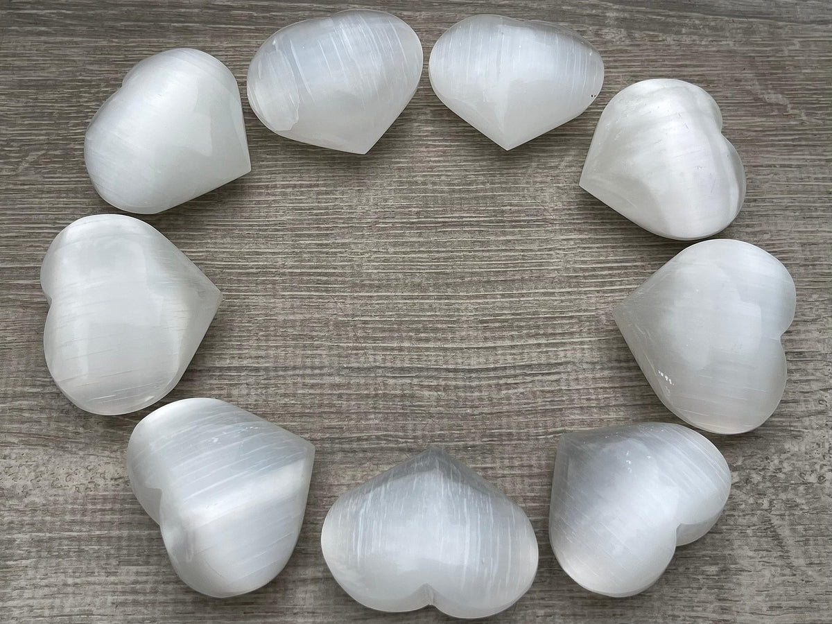 Selenite Gemstone Hearts, Polished Selenite Puffy Hearts, Selenite Crystal Palm Stone, Selenite Healing Crystal Hearts (1 Heart)