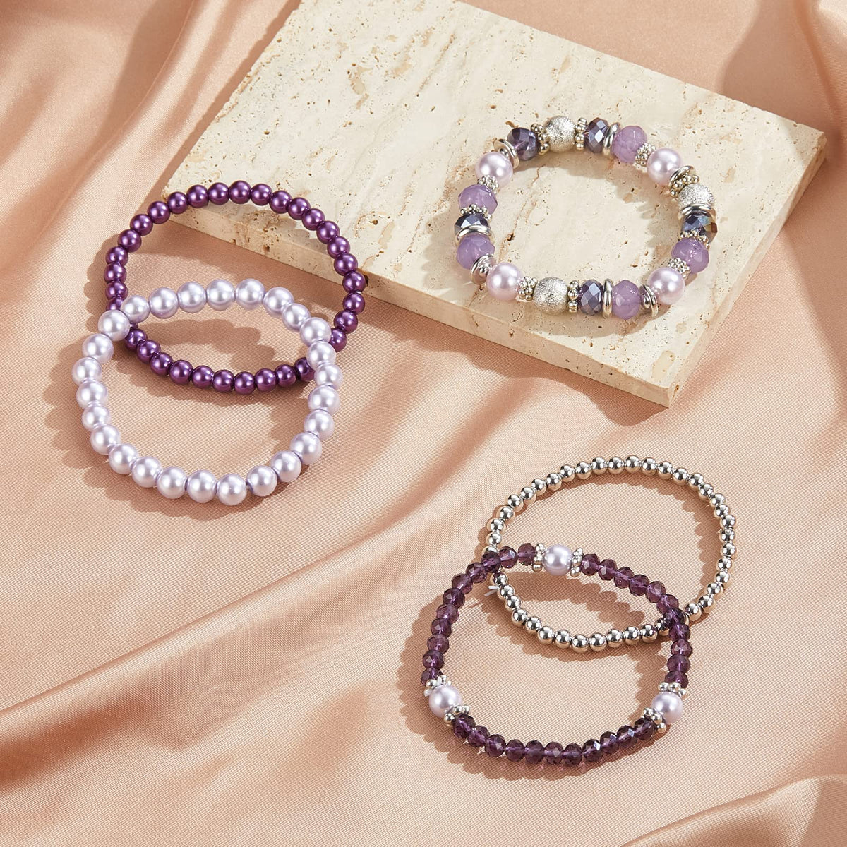 Noessla Beaded Pearl Stretch Bracelet Silver Stackable Crystal Beads Bracelets Trendy Costume Jewelry Mothers Day Gifts for Women(Purple)