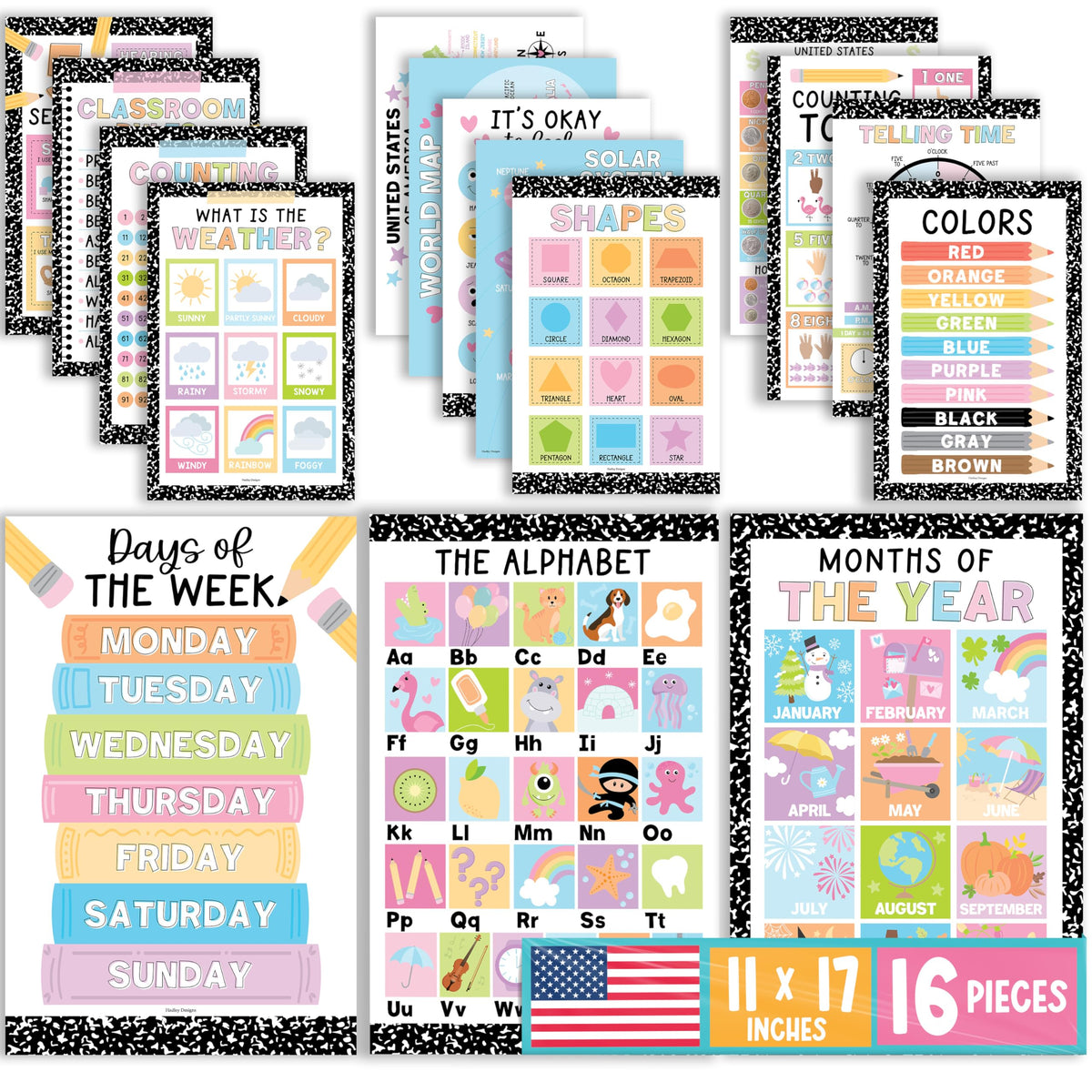 Hadley Designs 16 Educational Posters for Classroom Must Haves - Laminated Pre-K Posters for Toddler Homeschool Essentials, Toddler & Preschool Learning Activities, Kindergarten Classroom Decor