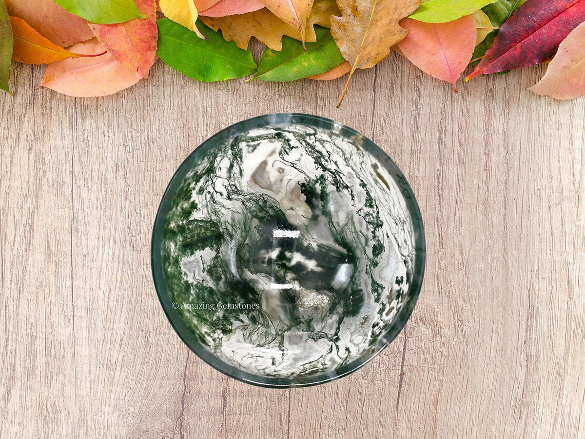Moss Agate Crystal Bowl - 2 Inch Decorative Bowls for Room and Home Decor - Gemstone Healing Crystals for Elegant Display, Positive Energy Balance and Gift