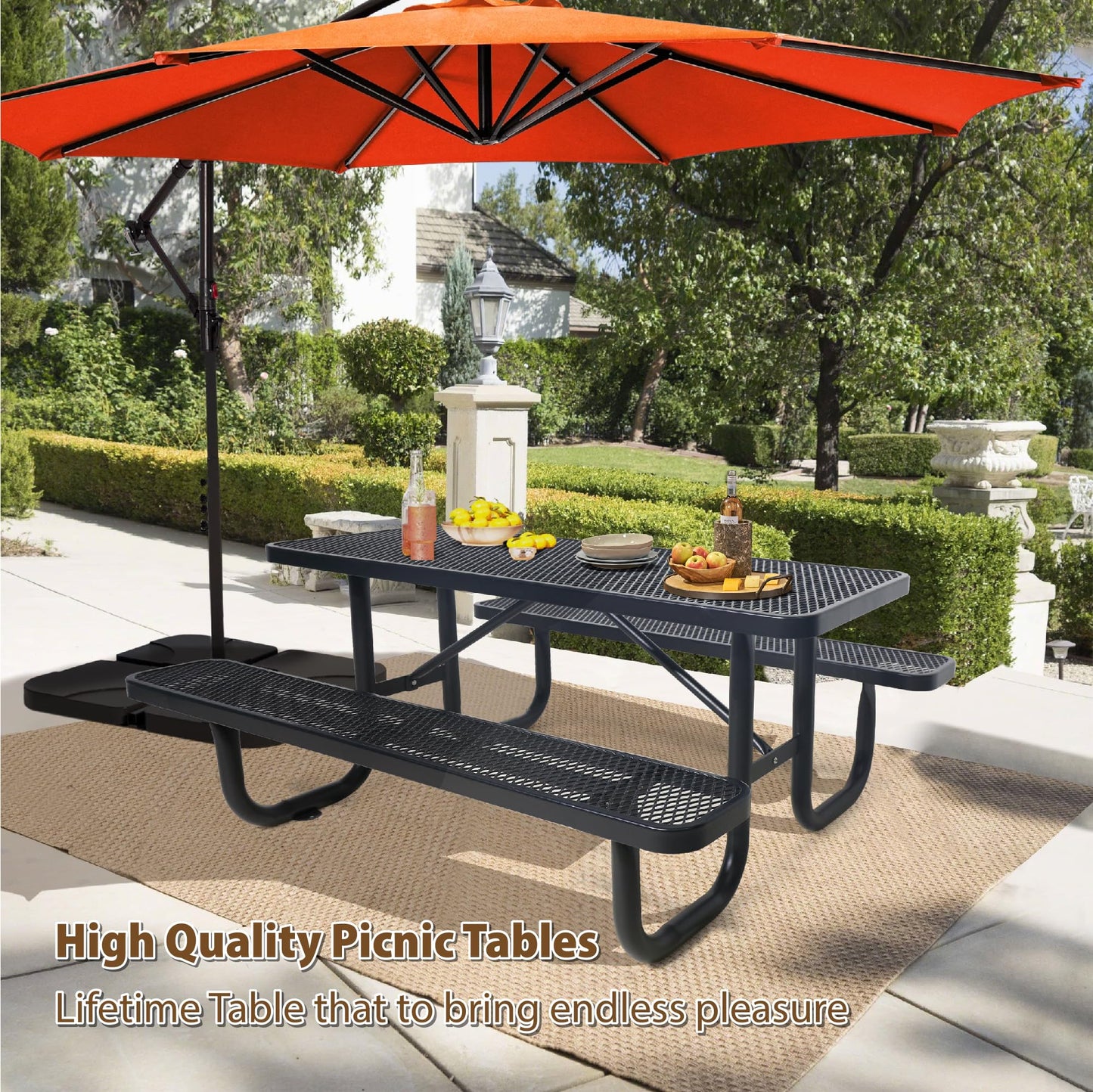 Sunnibety 6FT Metal Picnic Tables for Outdoors, Commercial Rectangular Picnic Table and Bench Set for Outside, Patio, Garden, Backyard, Porch, Surface Mount, Black