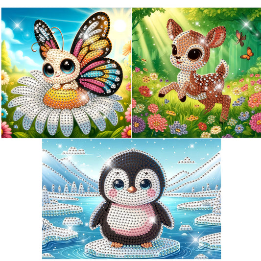 Modern Merch Small Diamond Art Packs Butterfly Deer & Penguin, Animal Diamond Dots for Adults, Jewel Art Painting Kits, Mini Gem Arts and Crafts for Adults, Round Drill 3 Pack Partial Drill