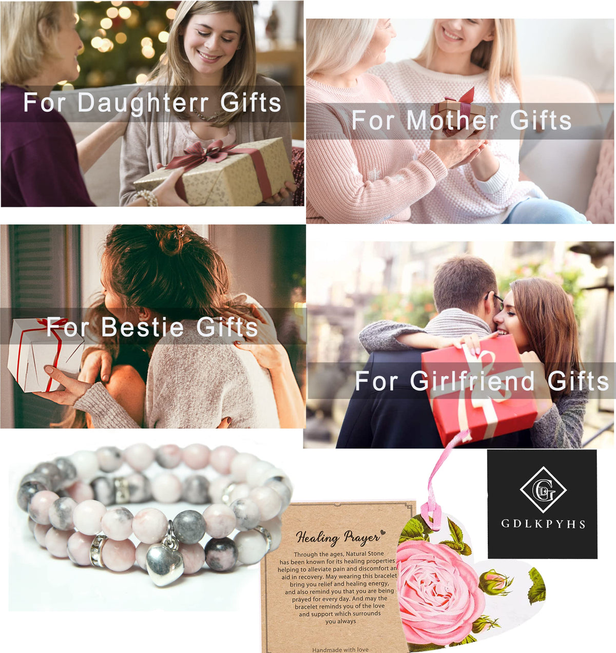 GDLKPYHS Healing Bracelets for Women - Pink Zebra Jasper Bracelet - Healing Prayers Crystal Bracelet, 8mm Natural Stone Stress Relief Yoga Beads Get Well Soon Gifts