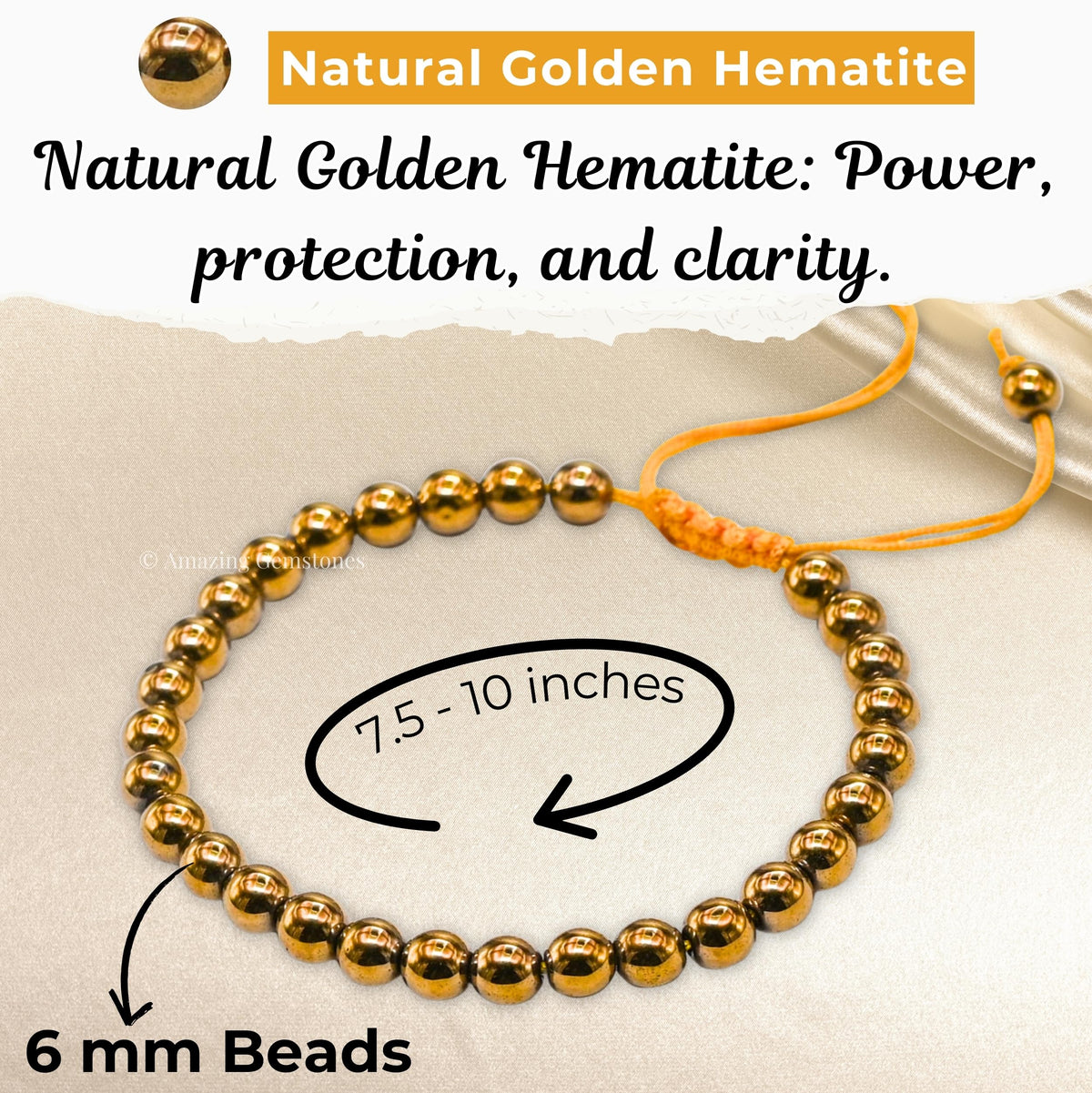 Golden Hematite Bracelet for Women Men's Gifts - Protection Healing Crystal Bracelet - 6mm Gemstone Beaded Adjustable Bracelet Pulseras Para Hombres Mujer Stocking Stuffers