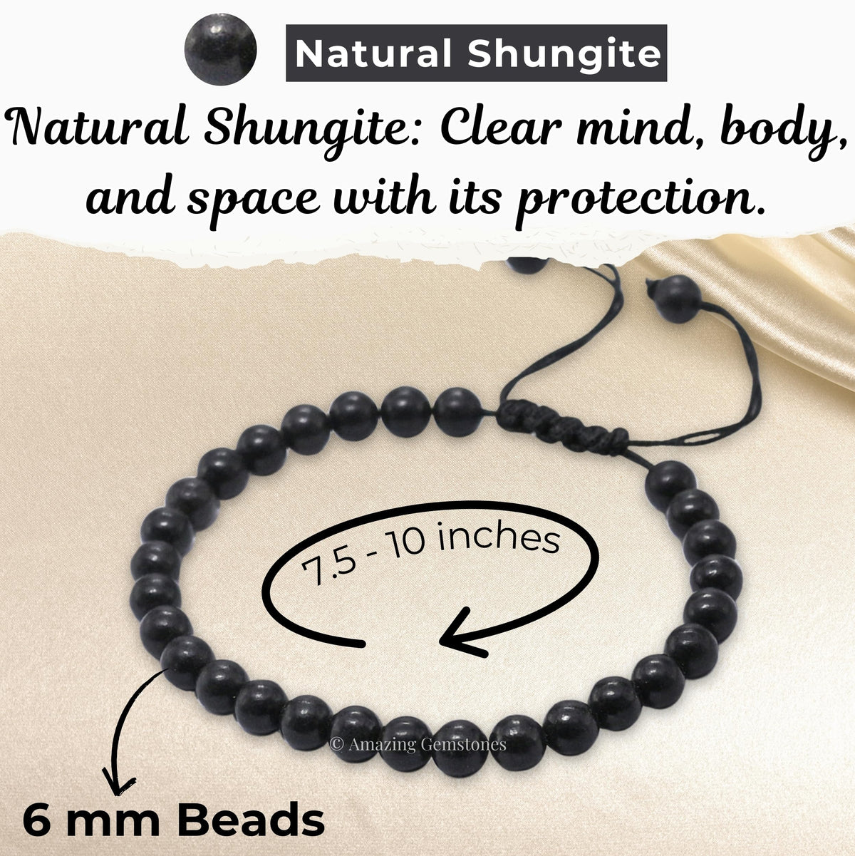 Amazing Gemstone Shungite Bracelet, Gifts For Men & Women - Protection Healing Crystal Bracelet - 6mm Gemstone Beaded Adjustable Bracelet, Pulseras Para Hombres Mujer Stocking Stuffers