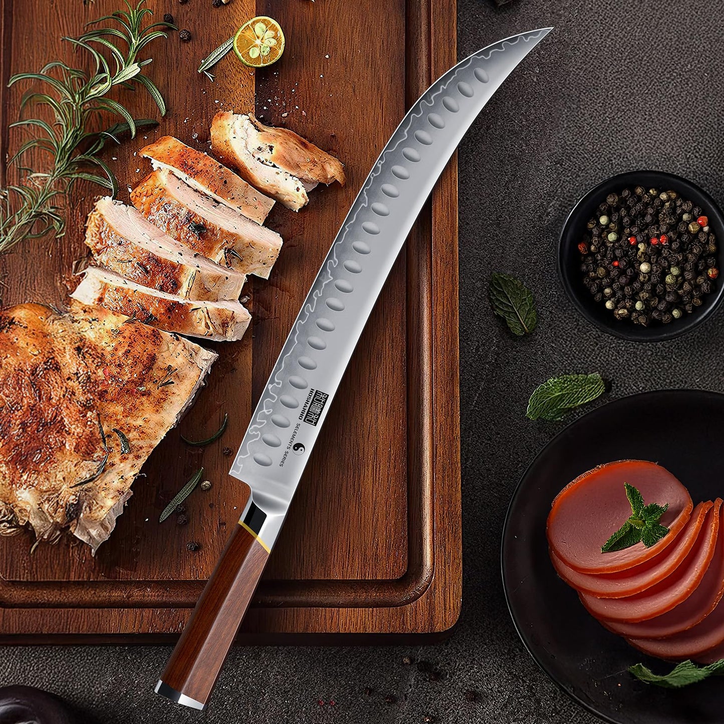 HOSHANHO Brisket Slicing Knife 12 Inch, Japanese High Carbon Steel Butcher Breaking Knife with Ergonomic Handle, Razor Sharp Curved Carving Knives for Meat, BBQ