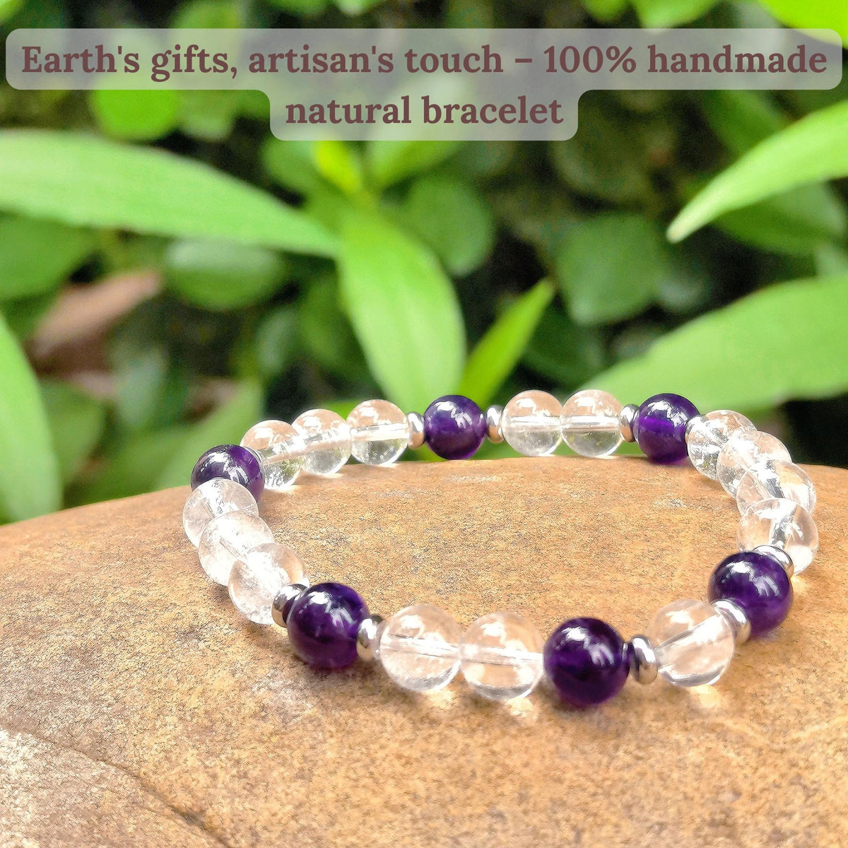 Atminafays 8MM Healing Crystal Bracelet - Amethyst & Clear Quartz | Natural Stone Energy Jewelry for Anxiety Relief and Stress & Positive,adjustable 6.5-8"