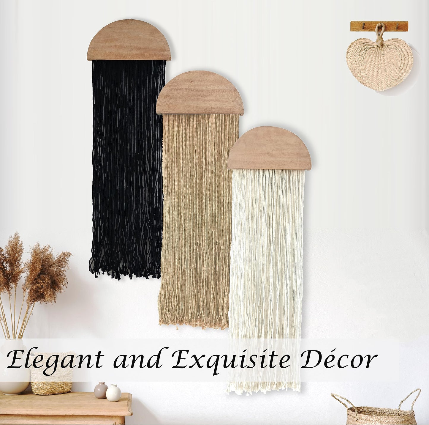 Induslyfe Macrame Wall Hanging 3 pcs Tapestry Woven Boho Home Chic Wall decor Bohemian Geometric Art Decor Bedroom Nursery Apartment Dorm Decoration Minimalistic Neutral Beige Black gift Birthday Xmas