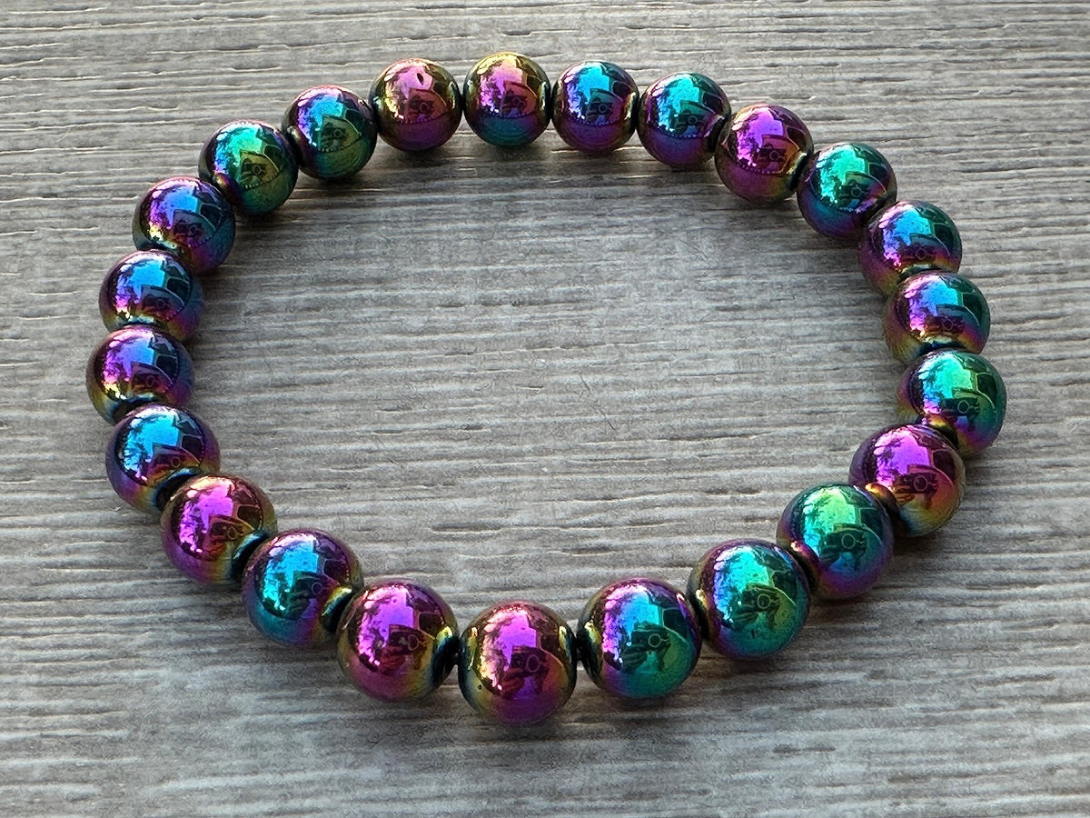 GAF TREASURES Rainbow Hematite Crystal Bead Bracelet 8mm, Genuine Rainbow Hematite Stretch Gemstone Bracelet, Healing Crystal Bracelet, Gift for Men & Women (1)