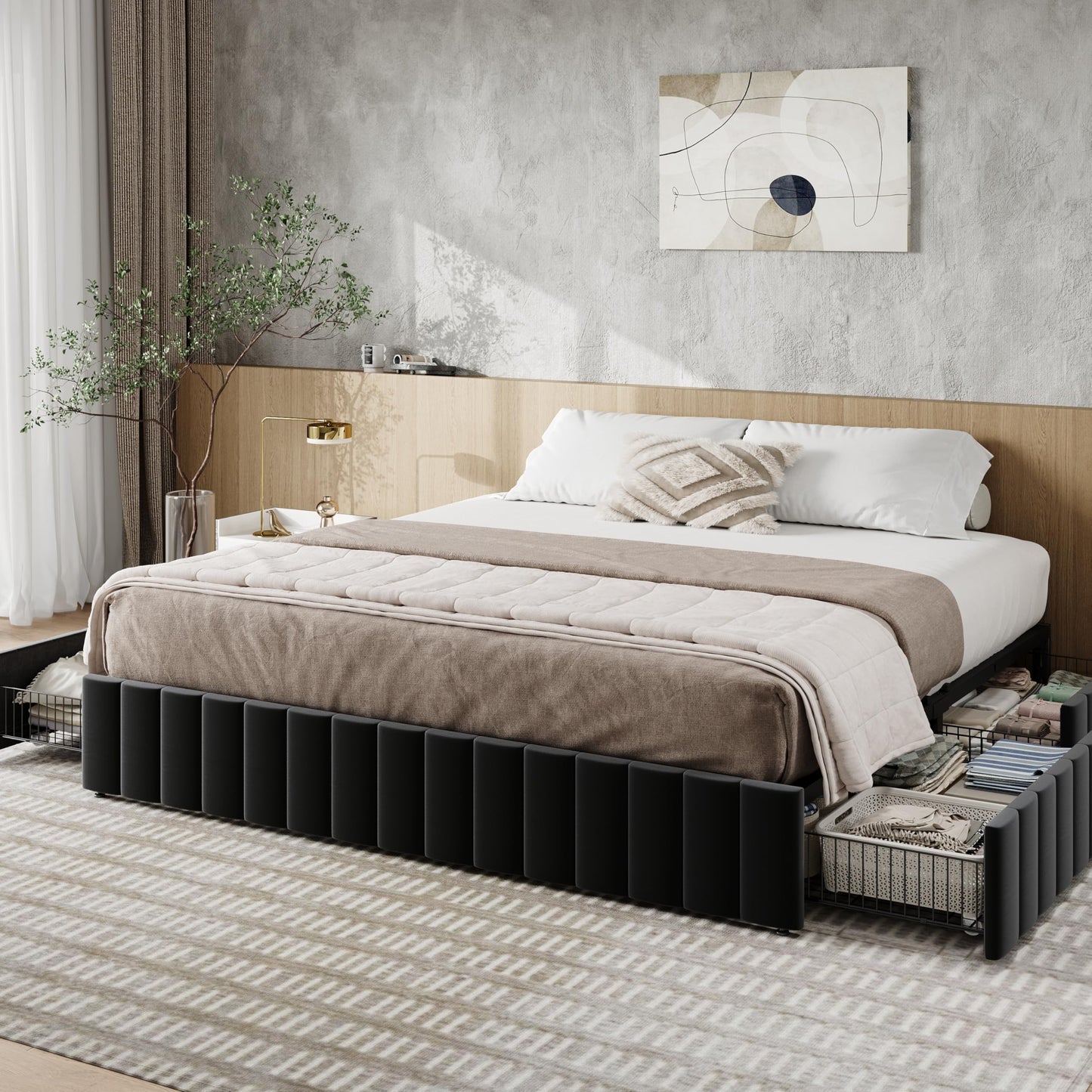 Allewie King Size Platform Bed Frame with 4 Large Storage Drawers, Velvet Vertical Channel Tufted Upholstered Bed Base, Wooden Slats Support, Noise-Free, No Box Spring Needed, Easy Assembly, Black