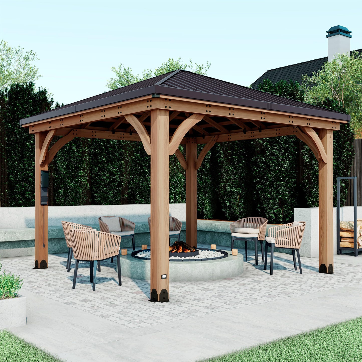Backyard Discovery Barrington 12' x 12' Cedar Wood Outdoor Gazebo Pavilion with Hardtop Galvanized Steel Hip Roof, Snow Support, Wind Resistance, PowerPort, Shade for Garden, Patio, Deck, Entertaining