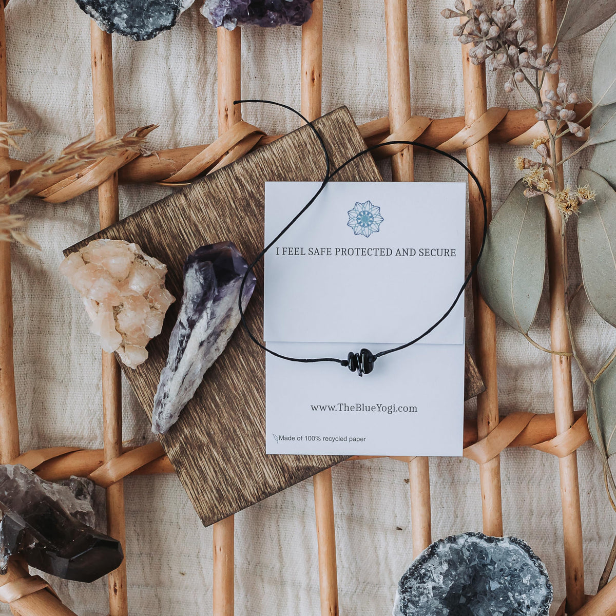 The Blue Yogi Black Tourmaline Healing Bracelet Anklet 2-in-1 Adjustable Protection Crystal Bracelet Spiritual Energy Jewelry with Affirmation Card