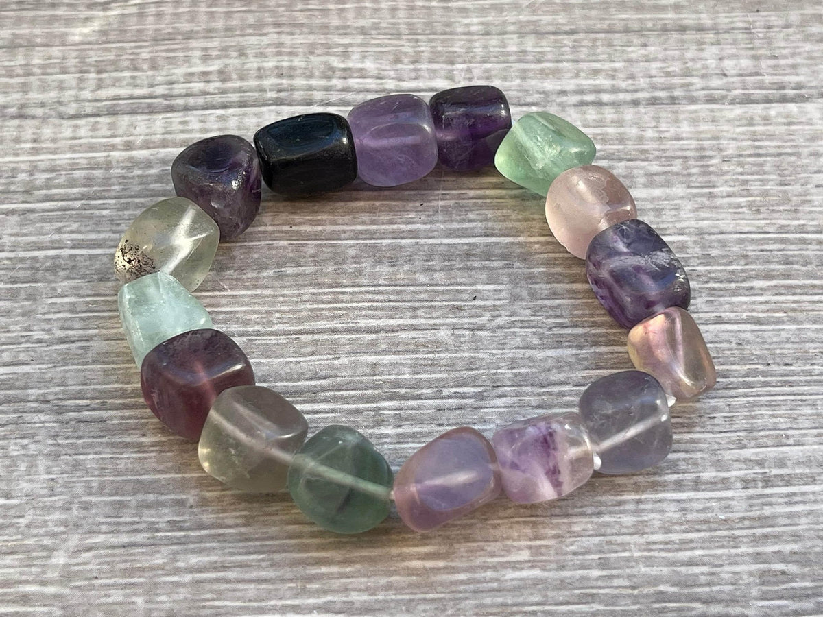 GAF TREASURES Rainbow Fluorite Crystal Nugget Bracelet, Genuine Rainbow Fluorite Tumbled Gemstone Bracelet, Healing Crystal Bracelet, Gift for Men & Women (1)