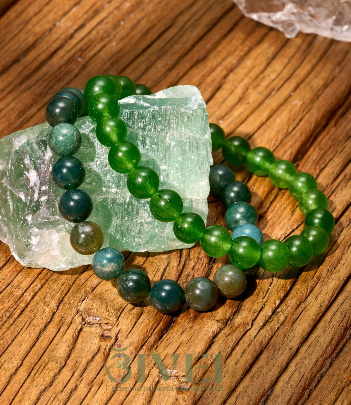 Bivei Natural Gemstone Semi Precious Crystals Handmade Stretchy Round Beads Bracelet, Enhance Positive Energy,Stocking Stuffers for Women(Moss Agate & Green Jade (Wisdom) Medium)