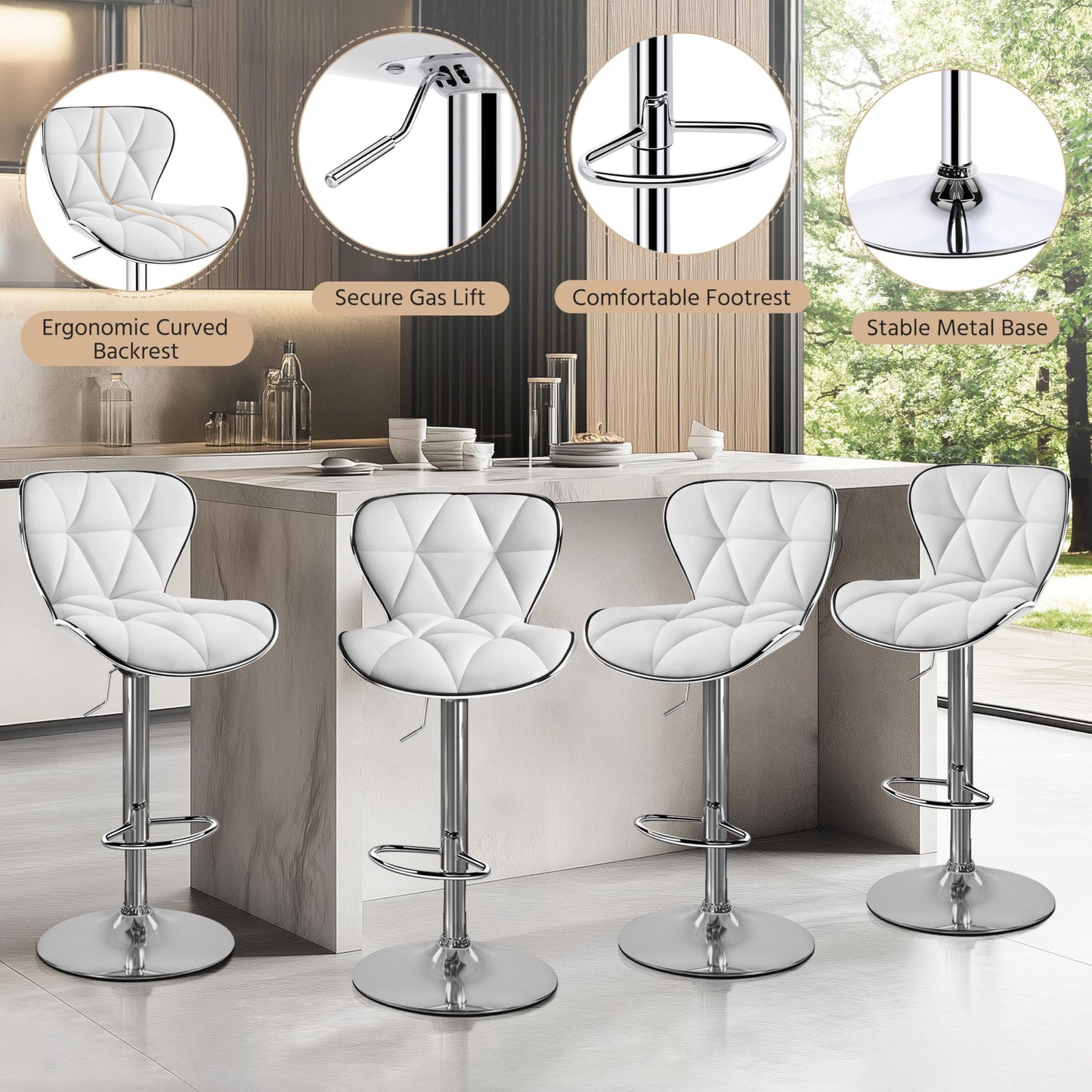 Yaheetech Bar Stools Leather Set of 4, Adjustable Shell Back Barstools with Footrest, Counter Height Bar Chairs with Back for Kitchen Island, White
